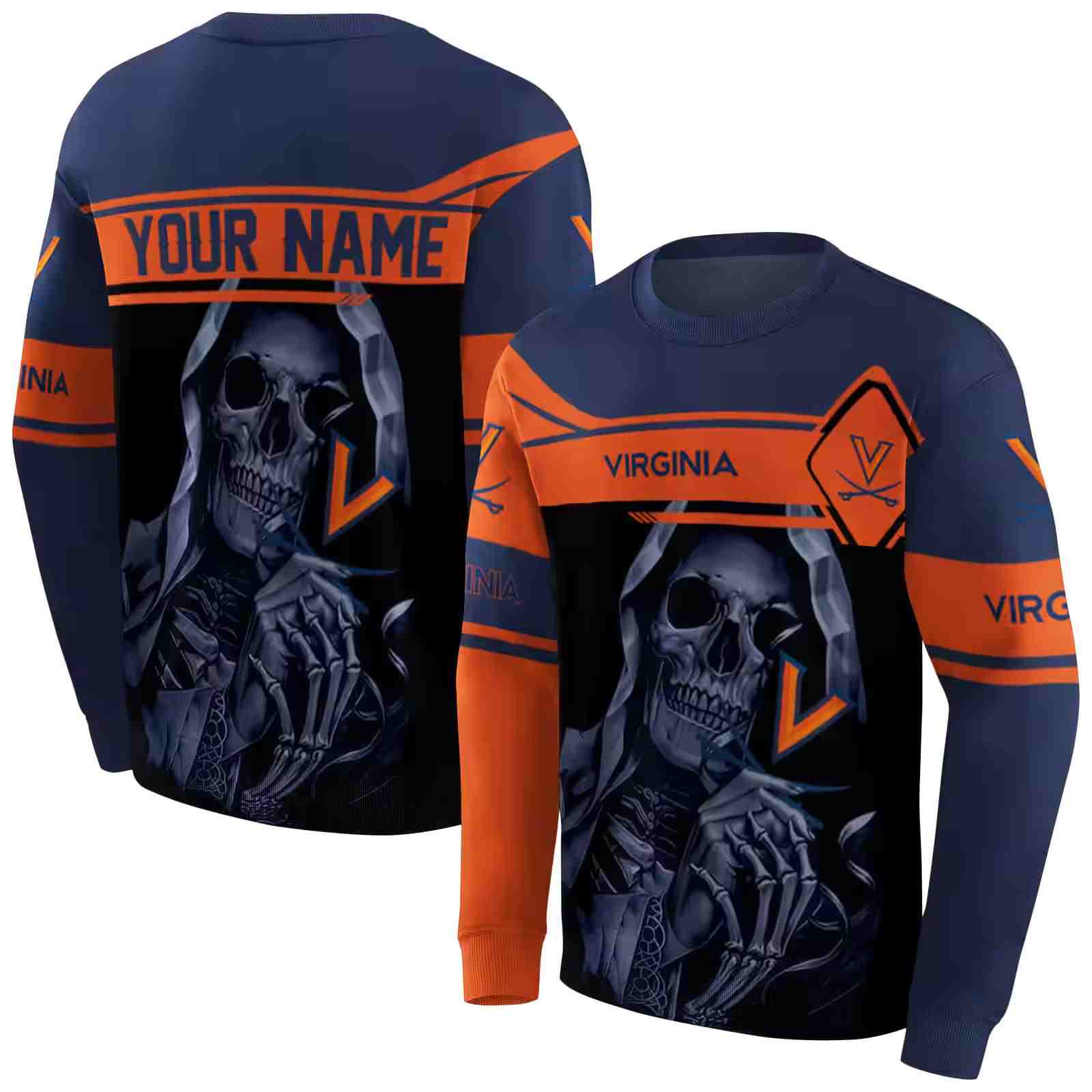 customized virginia cavaliers grim reaper blue black hoodie premium grade