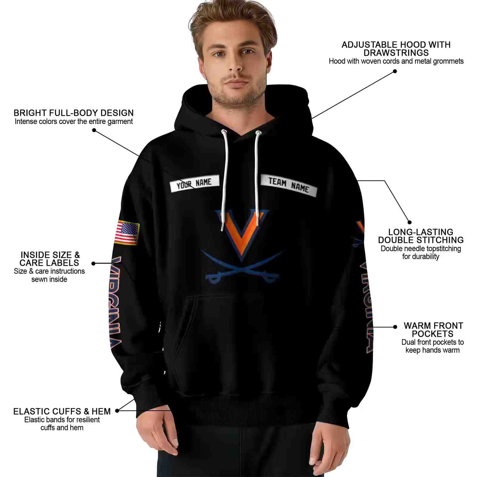 customized virginia cavaliers punisher skull black hoodie latest model