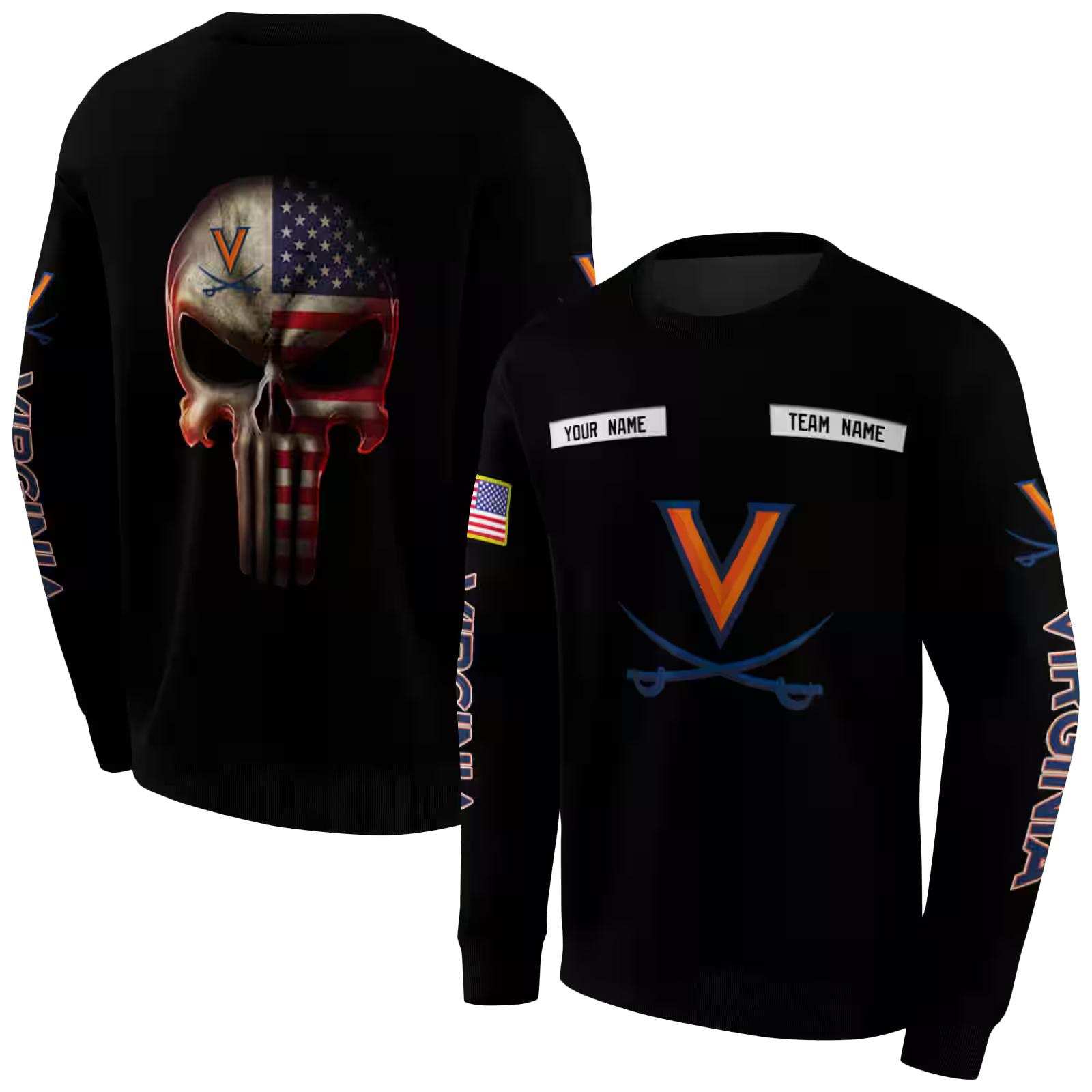 customized virginia cavaliers punisher skull black hoodie premium grade