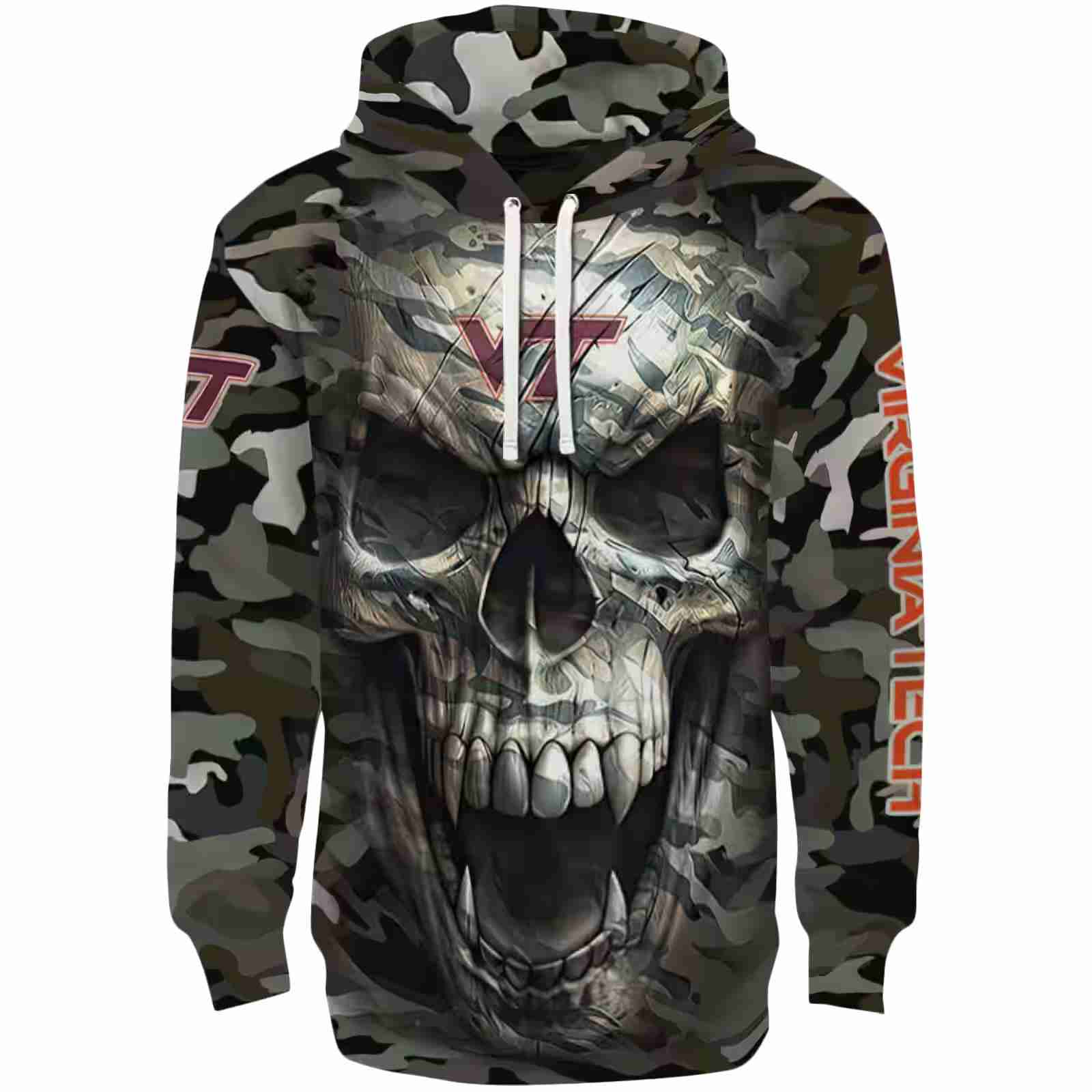 Customized Virginia Tech Hokies Camo Skull Hoodie