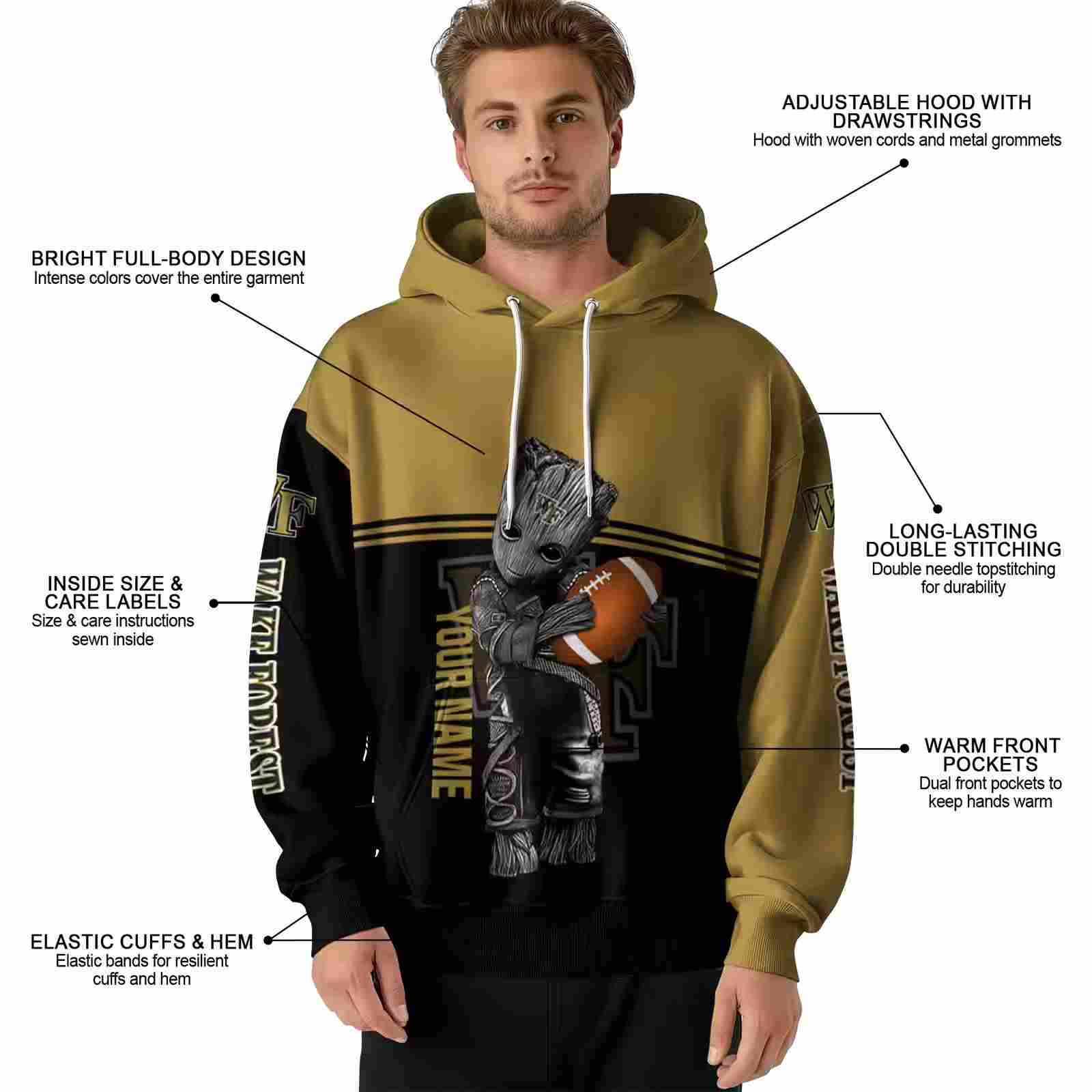 customized wake forest demon deacons baby groot gold black hoodie latest model