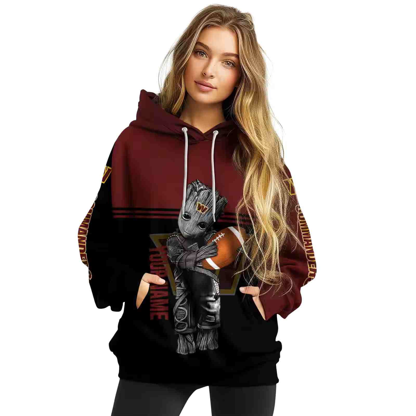 customized washington commanders baby groot burgundy black hoodie high quality