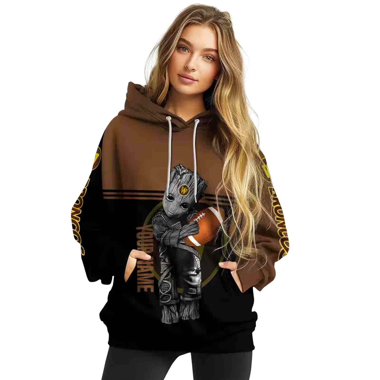 customized western michigan broncos baby groot brown black hoodie high quality