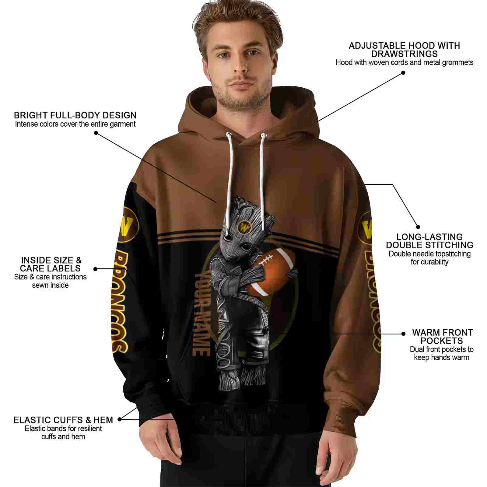 customized western michigan broncos baby groot brown black hoodie latest model