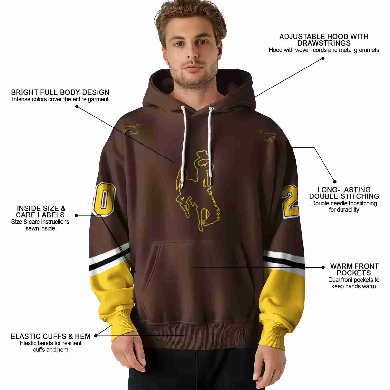 customized wyoming cowboys striped sleeves brown hoodie latest model