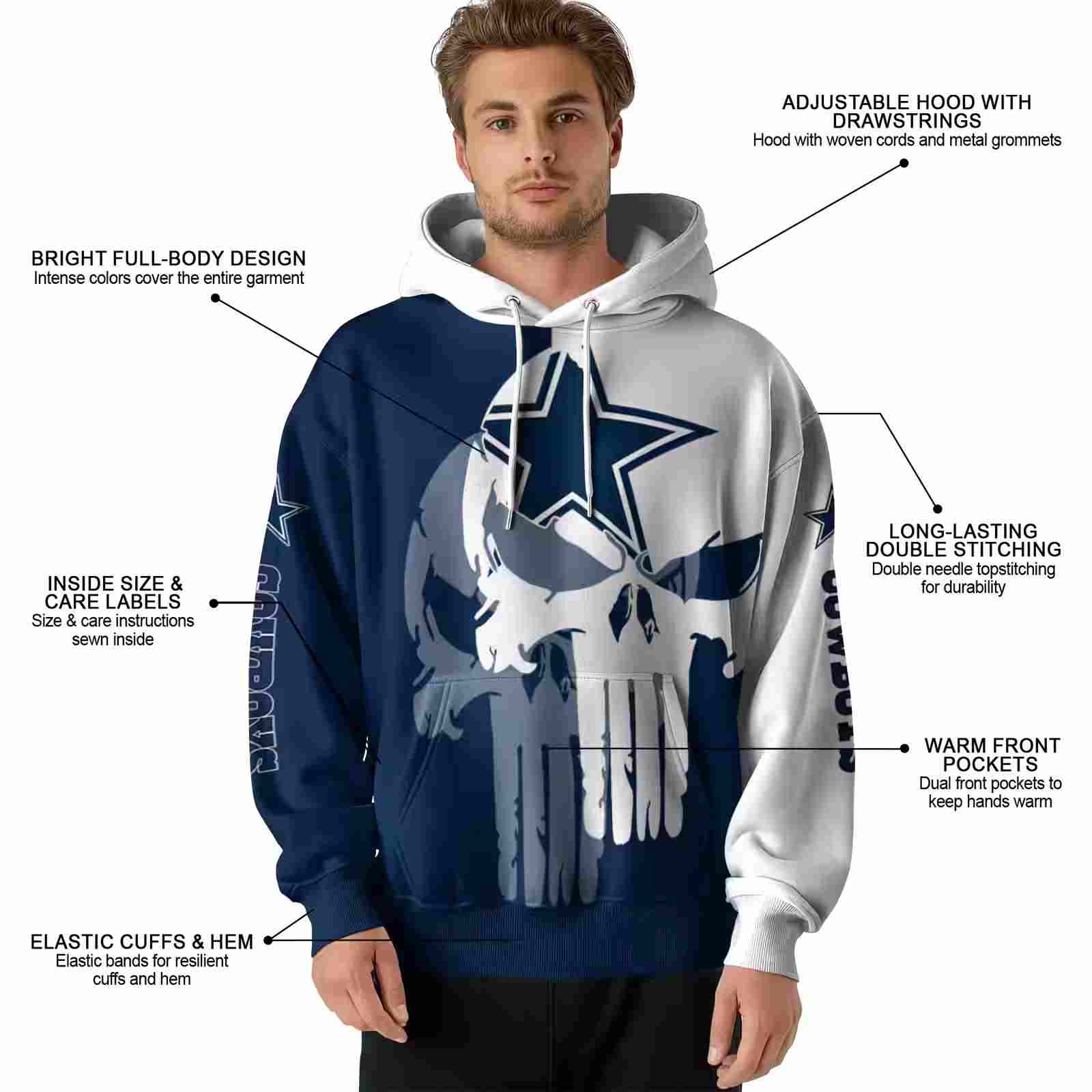 dallas cowboys graphic punisher blue white hoodie latest model