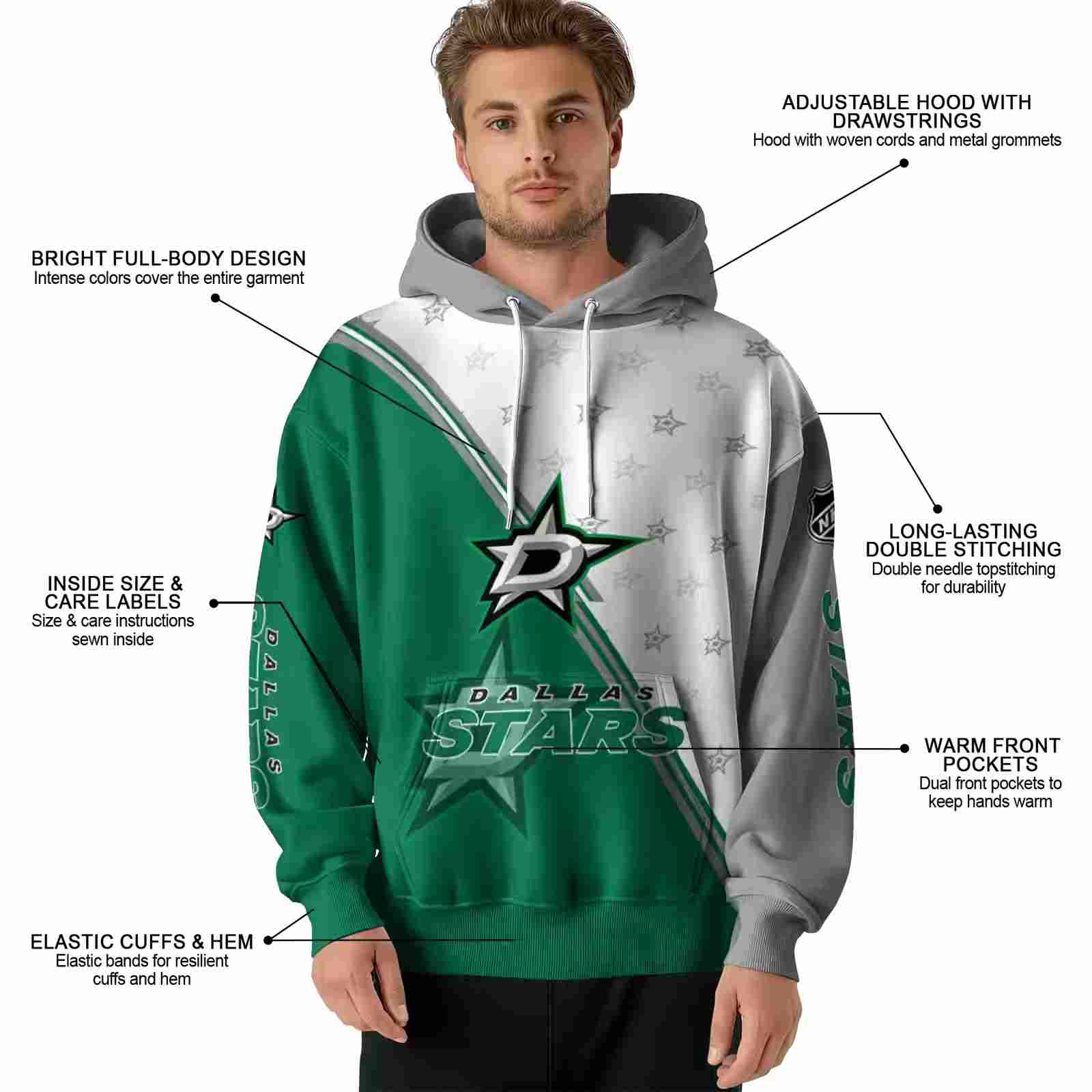 dallas stars diagonal stripe green white hoodie latest model