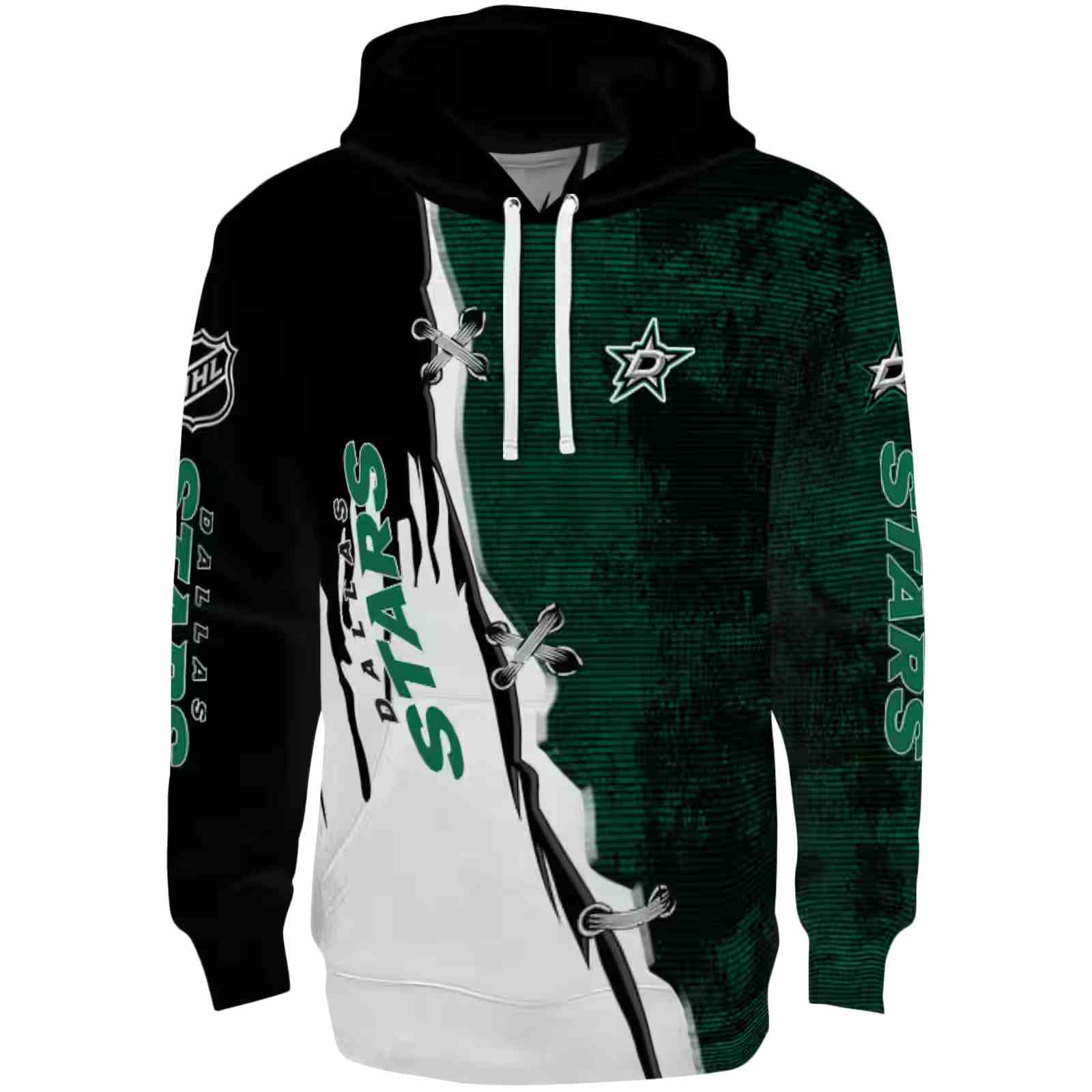 Dallas Stars Ripped Pattern Green Black White Hoodie