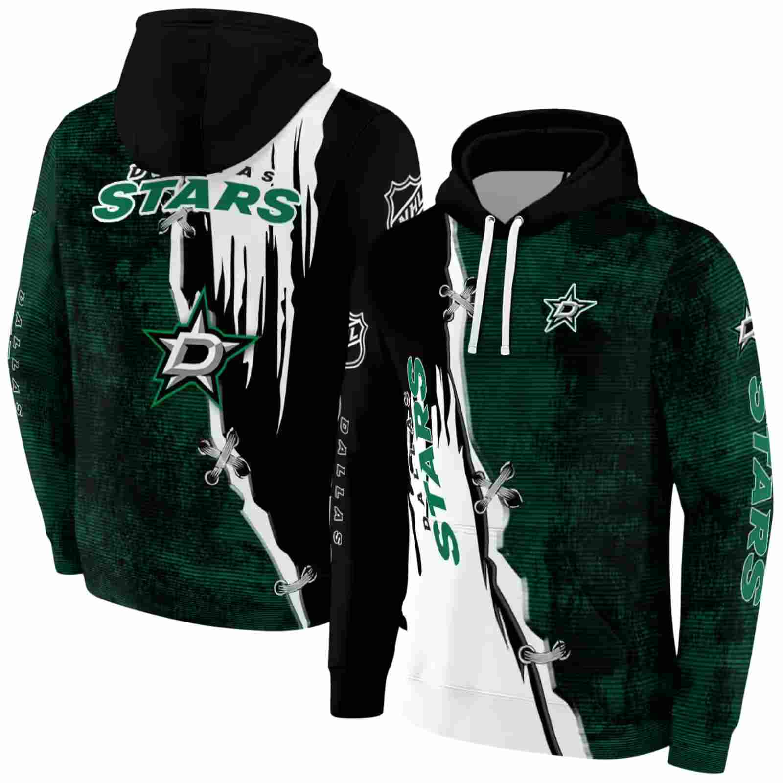 dallas stars ripped pattern green black white hoodie fashion forward