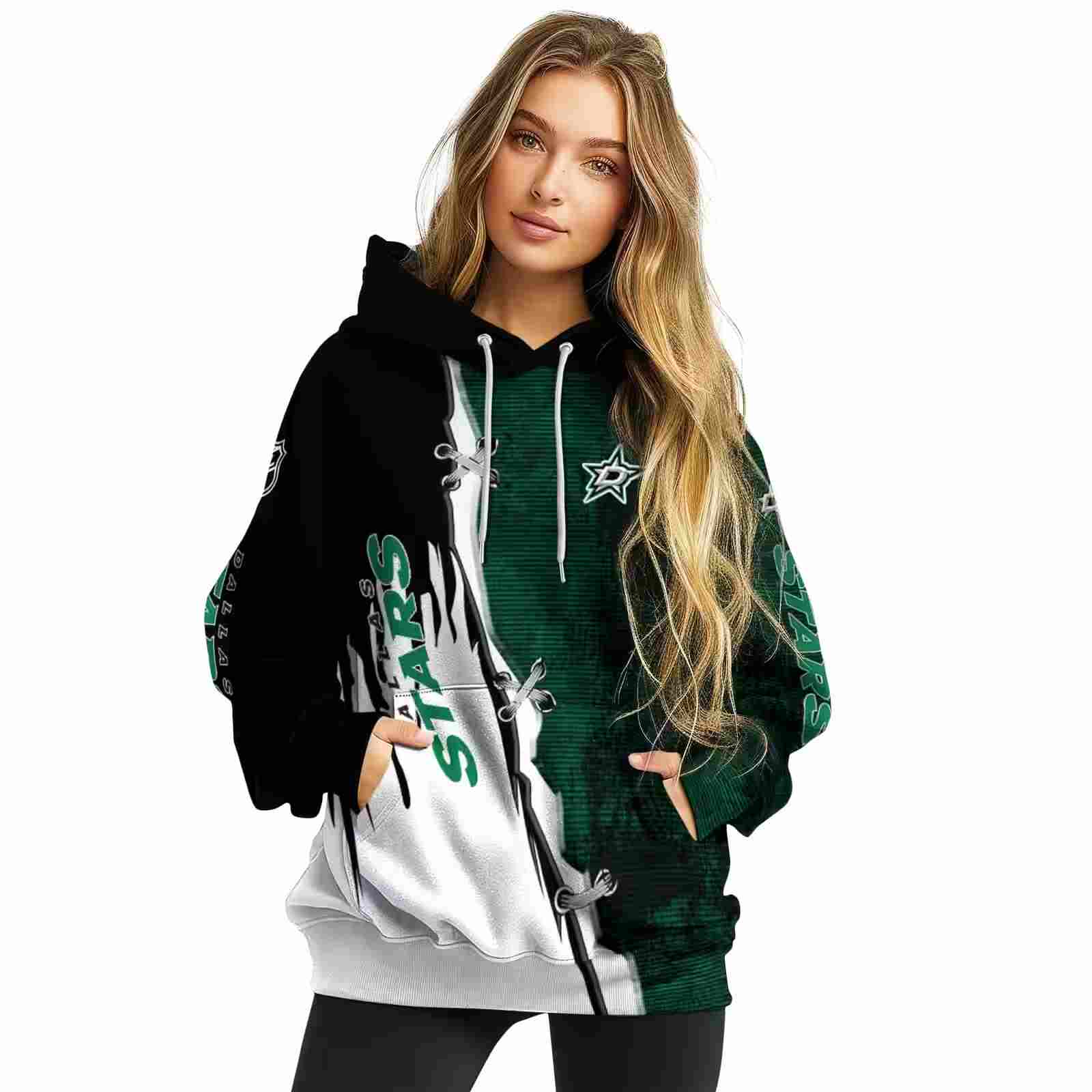 dallas stars ripped pattern green black white hoodie high quality