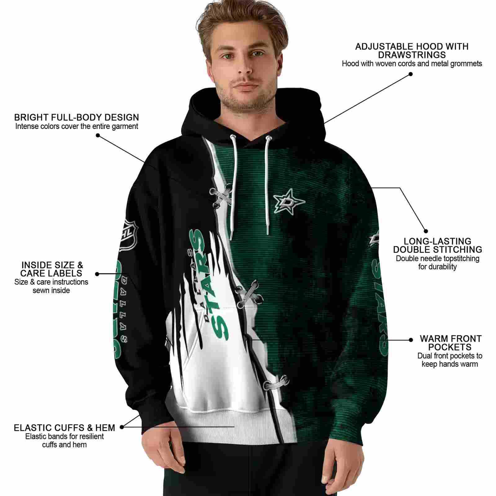 dallas stars ripped pattern green black white hoodie latest model