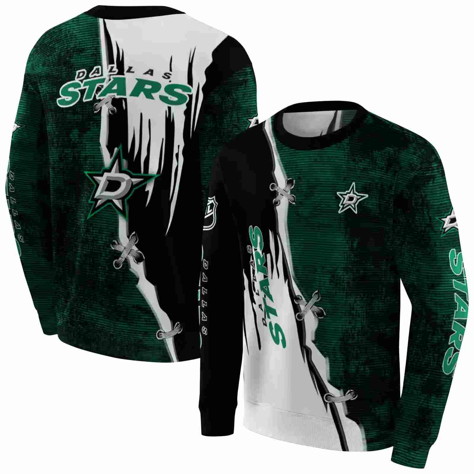 dallas stars ripped pattern green black white hoodie premium grade