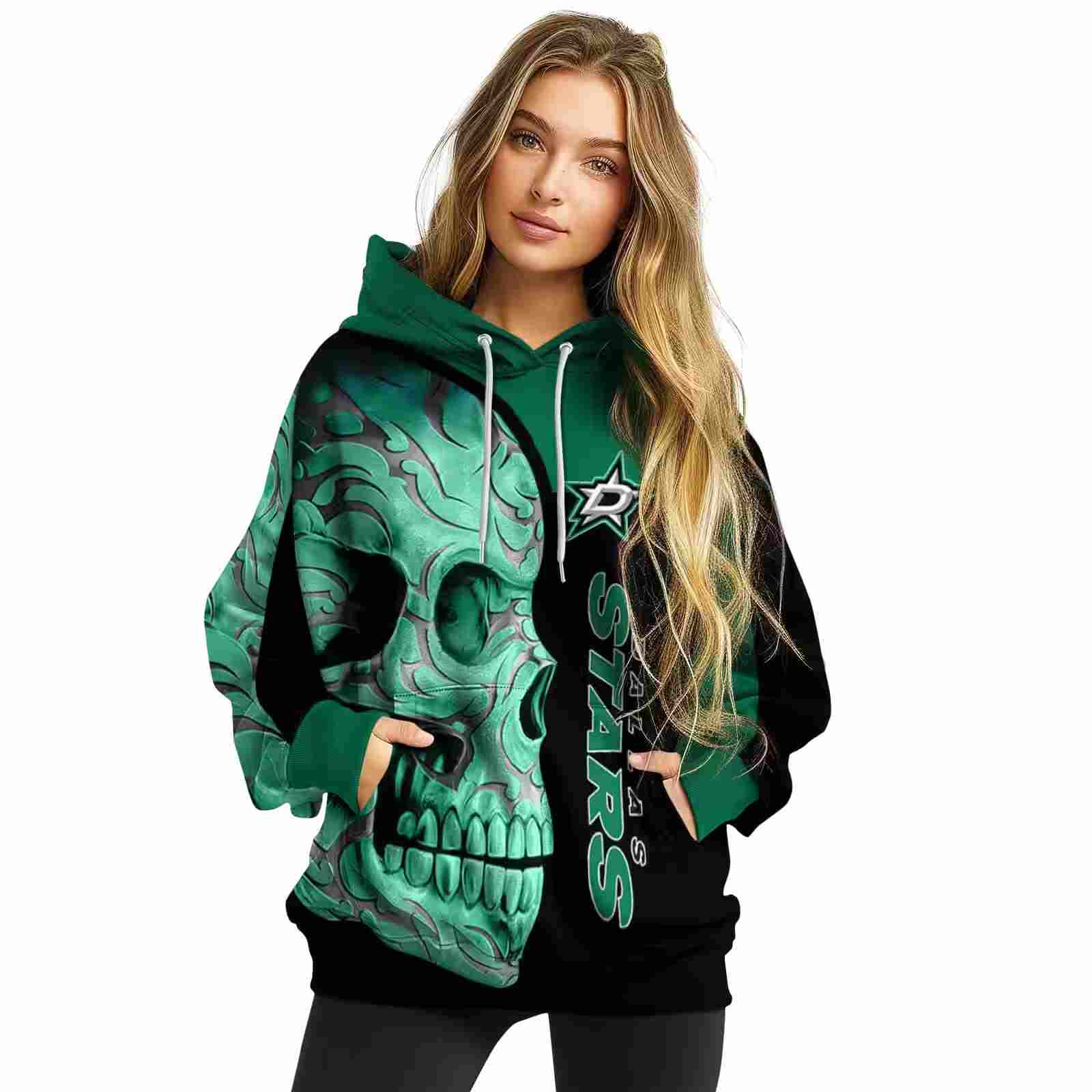 dallas stars skull motif green black hoodie high quality