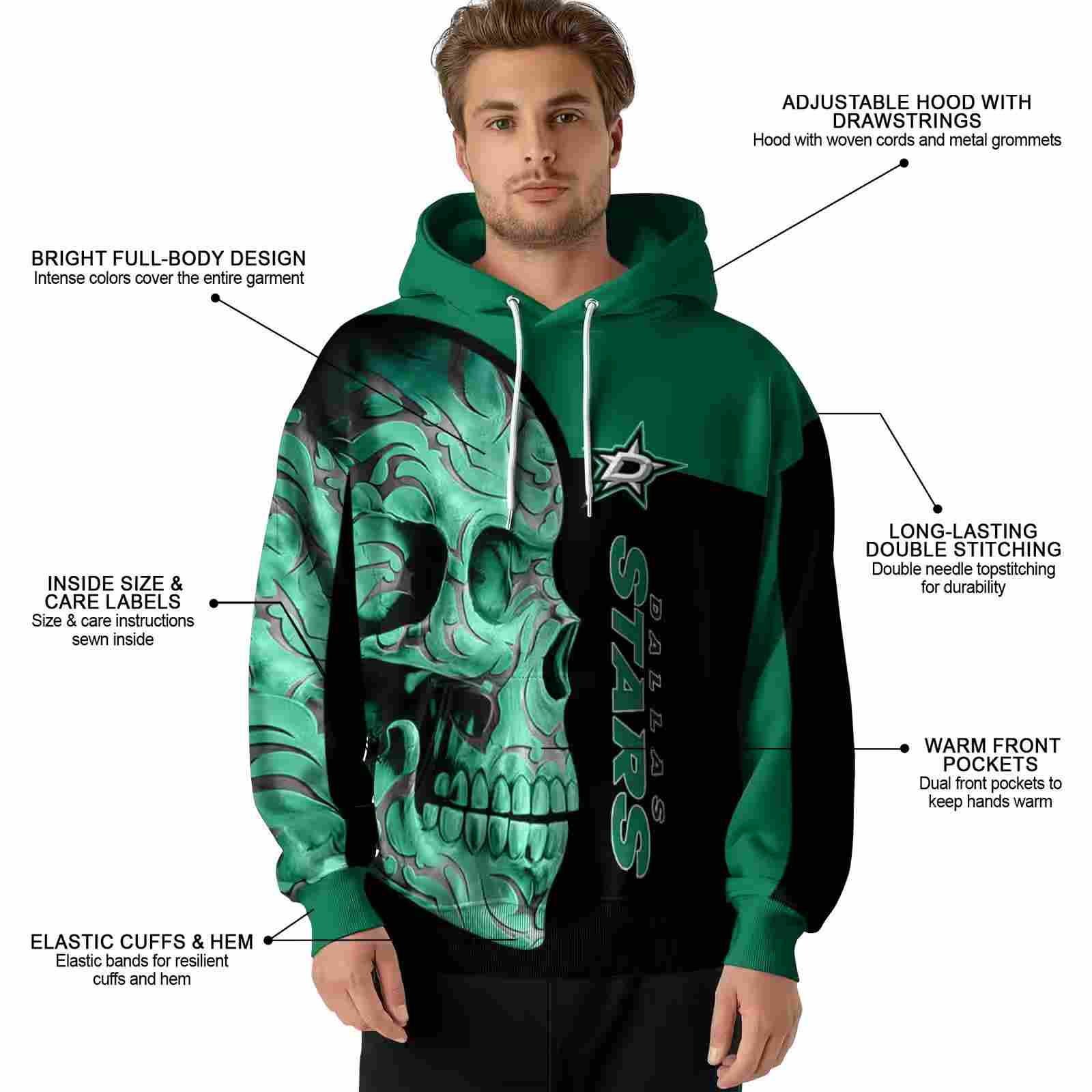 dallas stars skull motif green black hoodie latest model