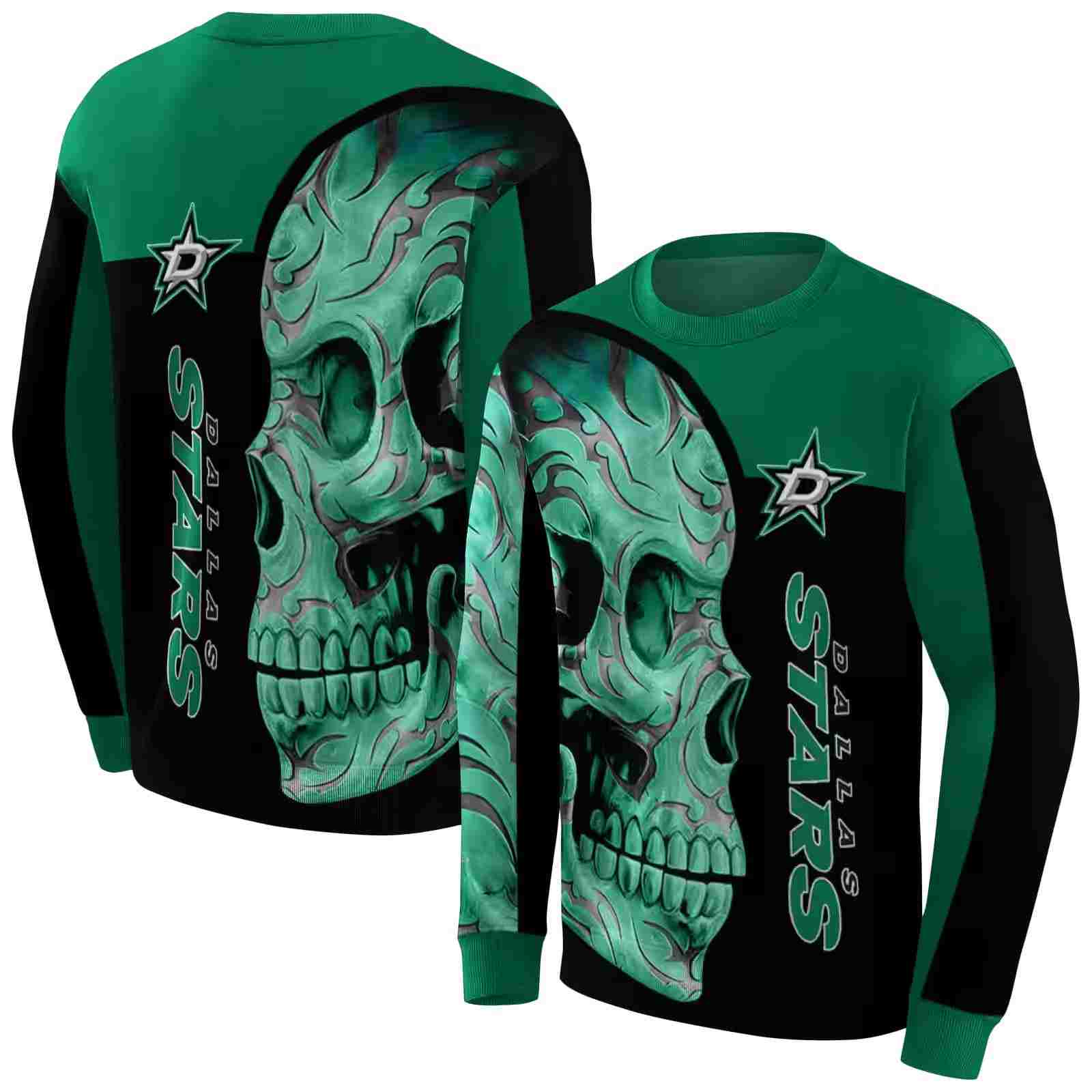 dallas stars skull motif green black hoodie premium grade