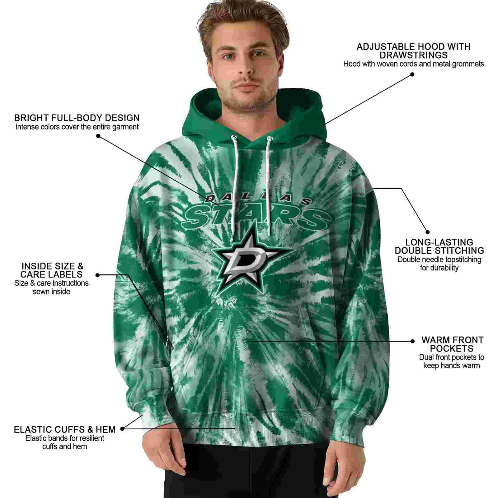 dallas stars tie dye pattern green hoodie latest model