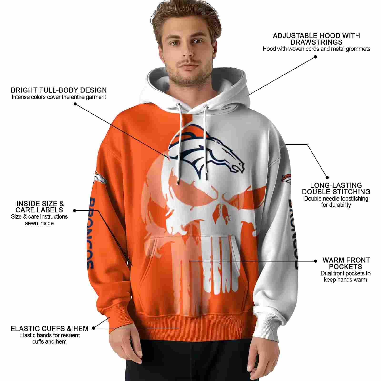 denver broncos graphic punisher orange white hoodie latest model