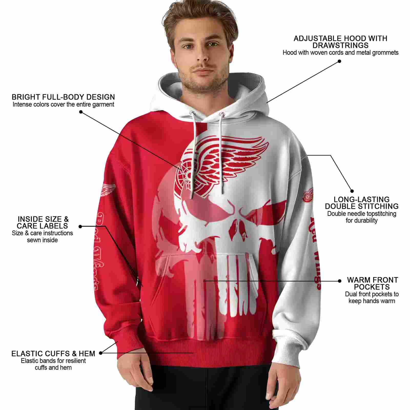 detroit red wings graphic punisher red white hoodie latest model