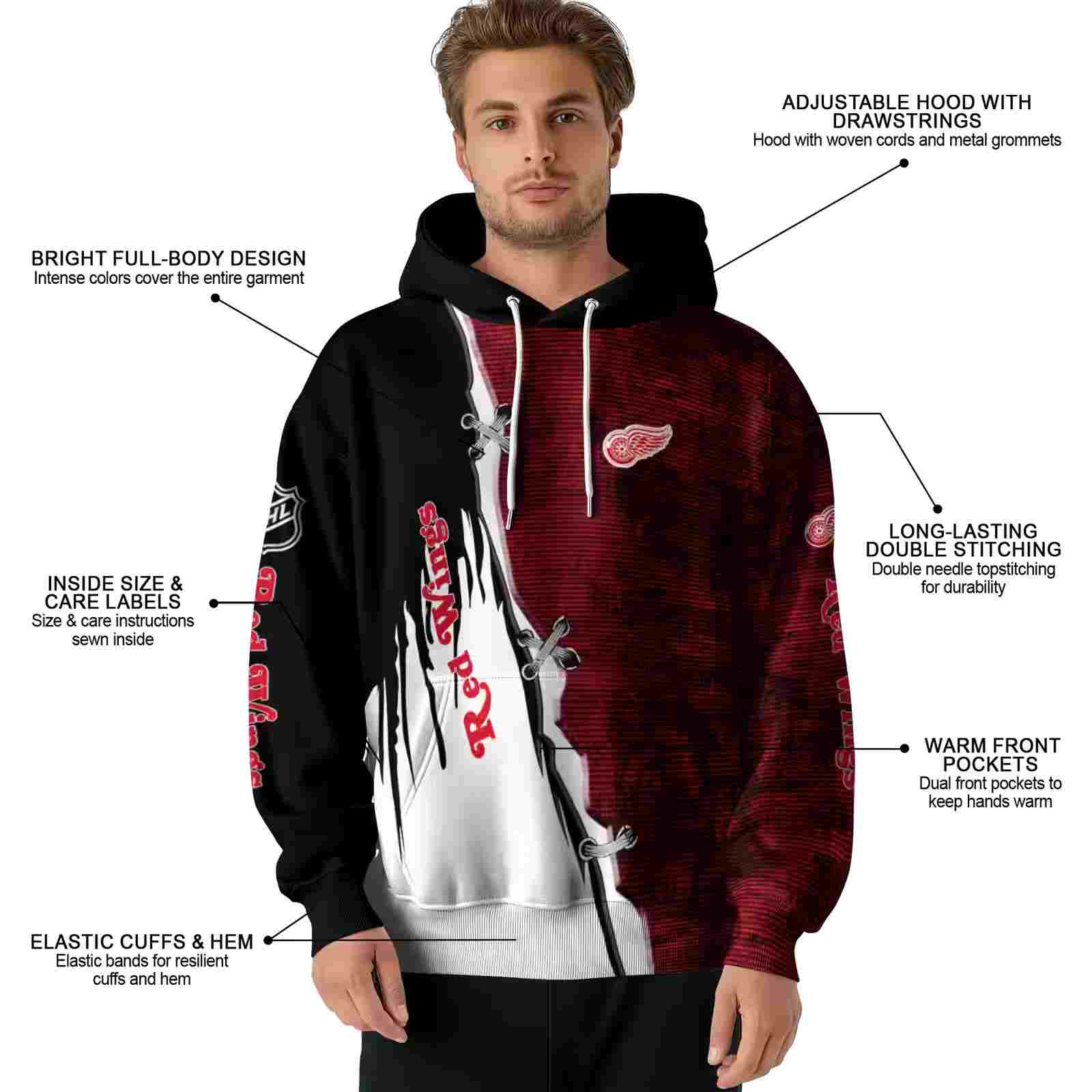 detroit red wings ripped pattern red black white hoodie latest model