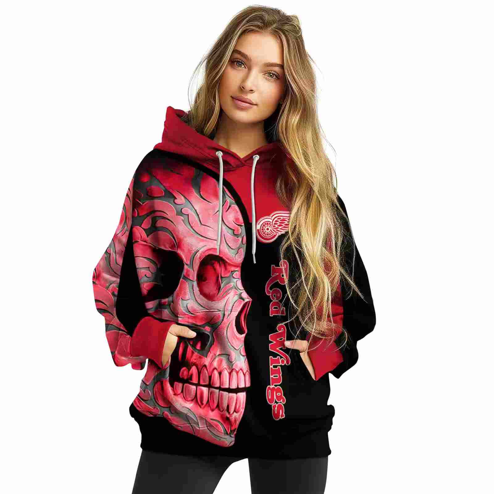 detroit red wings skull motif red black hoodie high quality