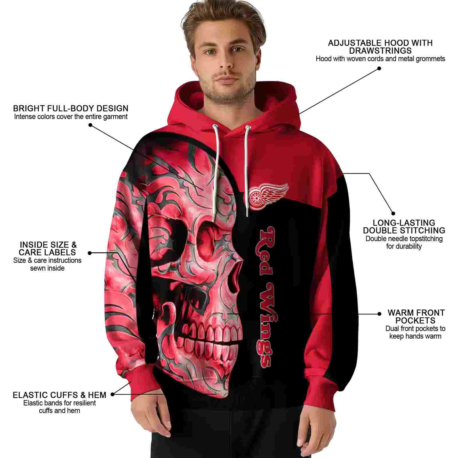 detroit red wings skull motif red black hoodie latest model