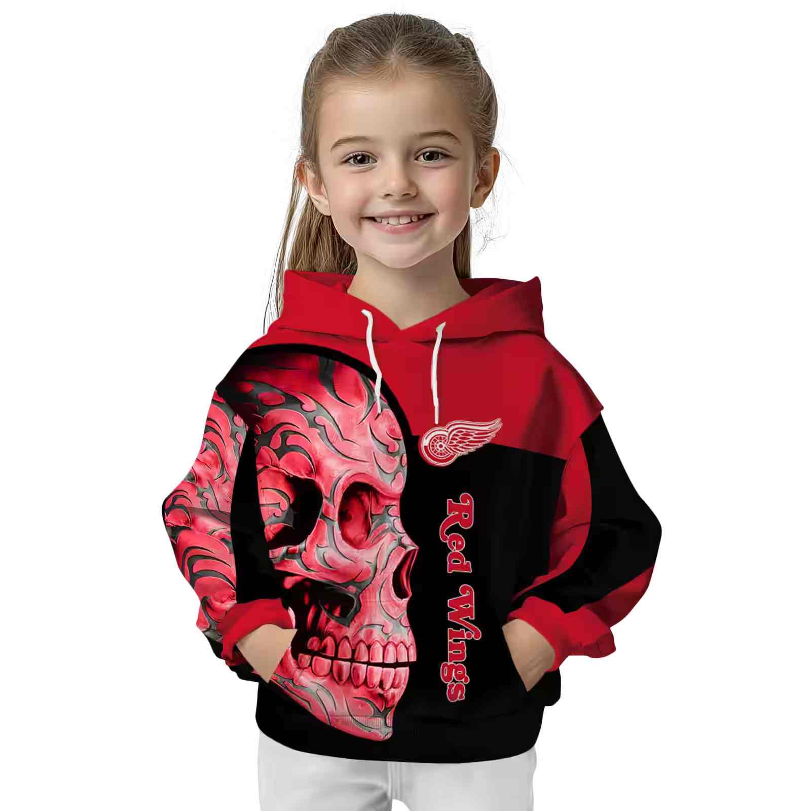 detroit red wings skull motif red black hoodie top rated