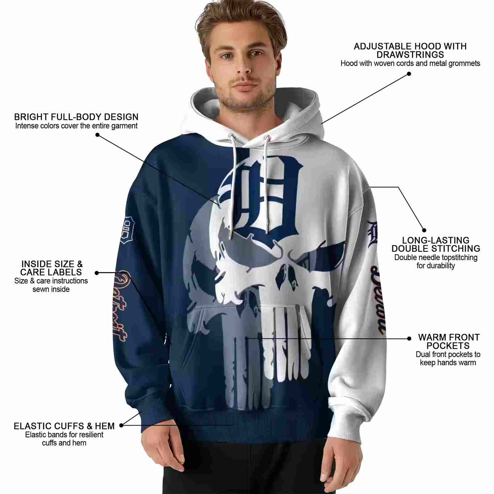 detroit tigers graphic punisher navy white hoodie latest model