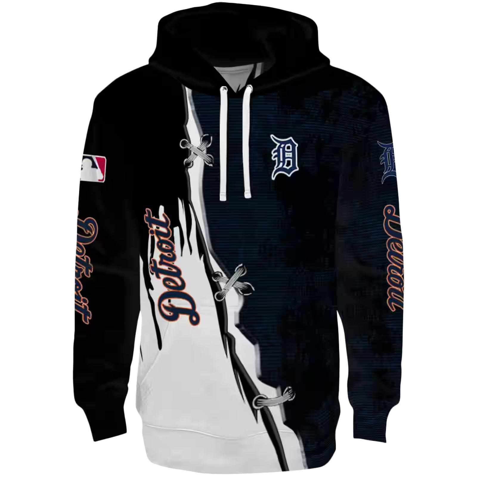 Detroit Tigers Ripped Pattern Navy Black White Hoodie