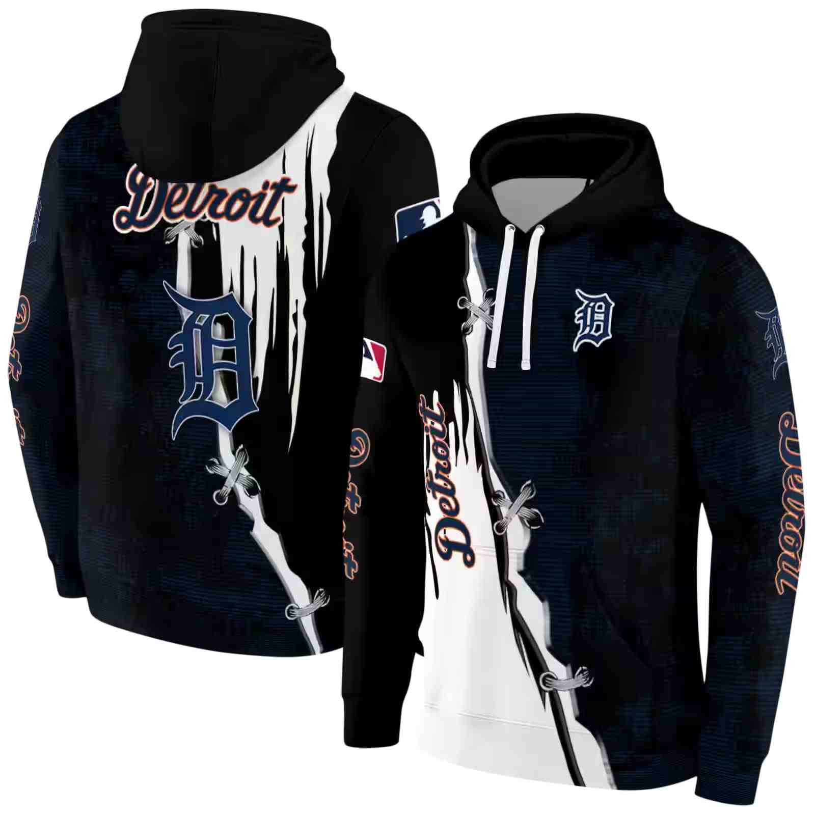 detroit tigers ripped pattern navy black white hoodie fashion forward