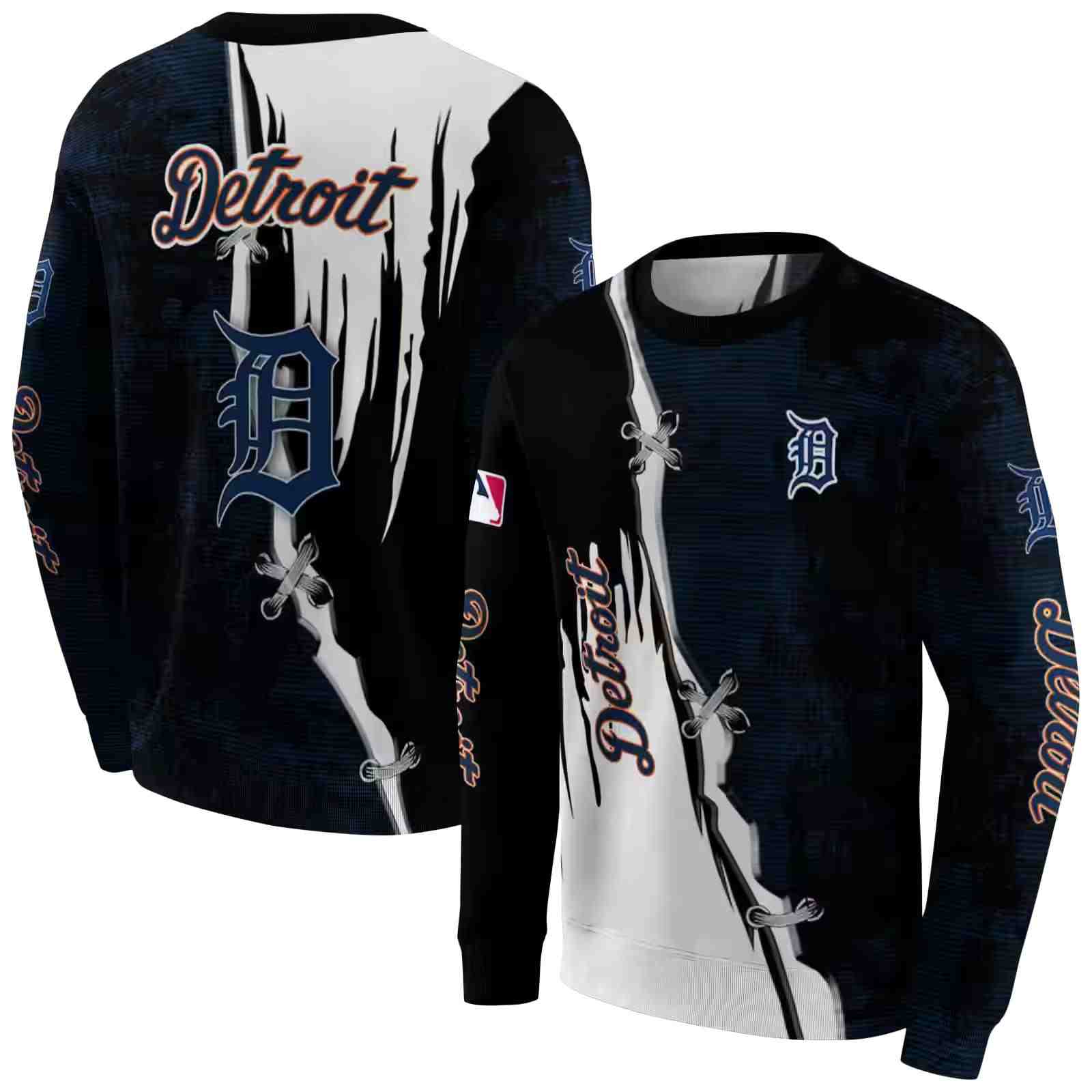 detroit tigers ripped pattern navy black white hoodie premium grade