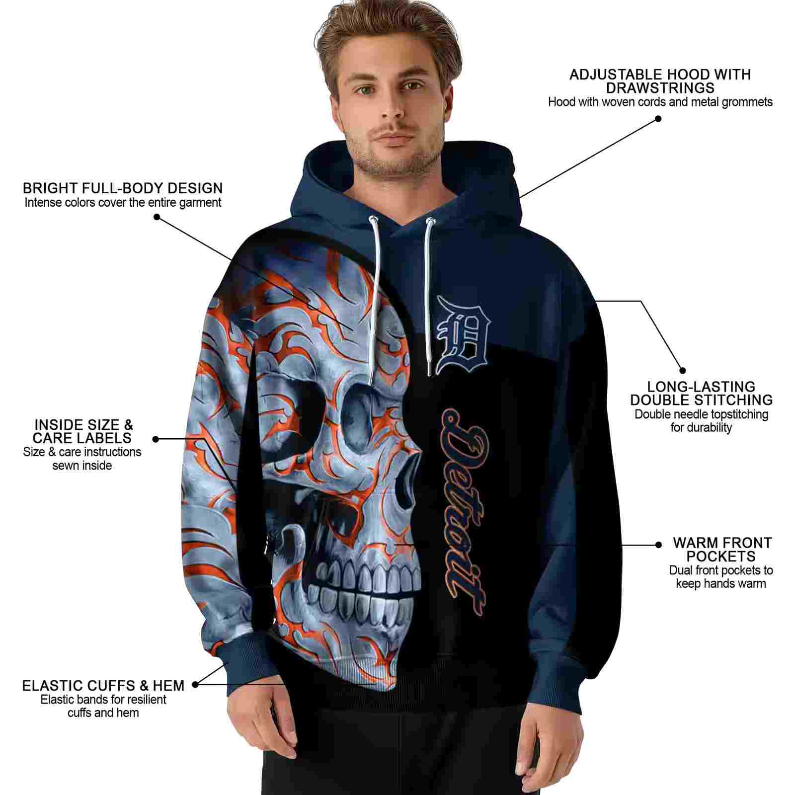 detroit tigers skull motif navy black hoodie latest model