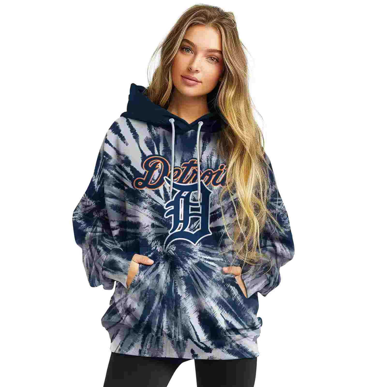 detroit tigers tie dye pattern navy hoodie high quality