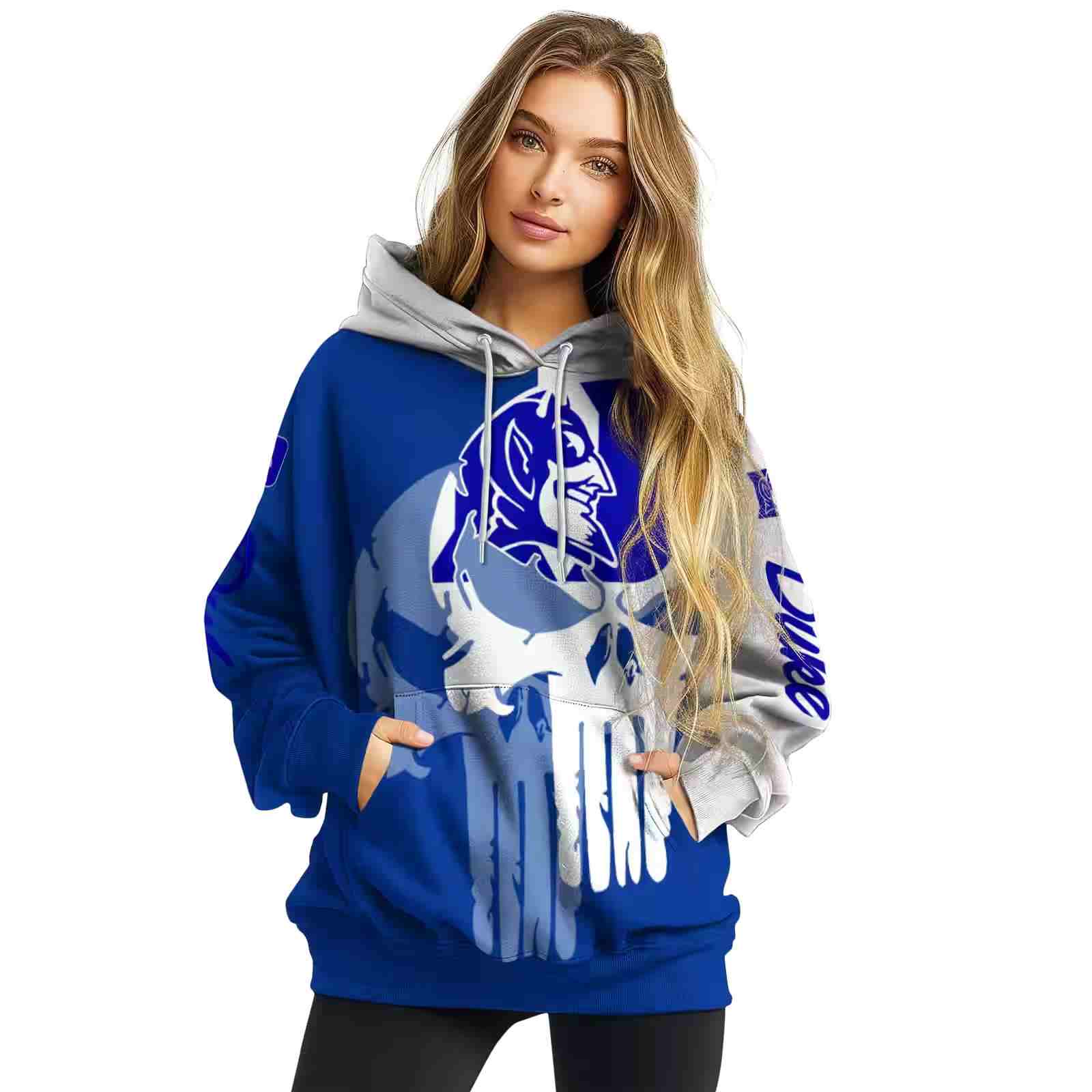 duke blue devils graphic punisher blue white hoodie high quality