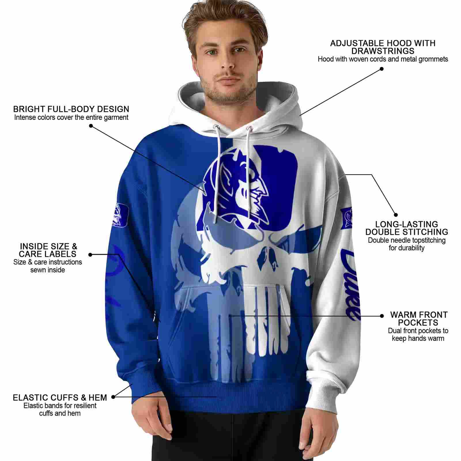 duke blue devils graphic punisher blue white hoodie latest model