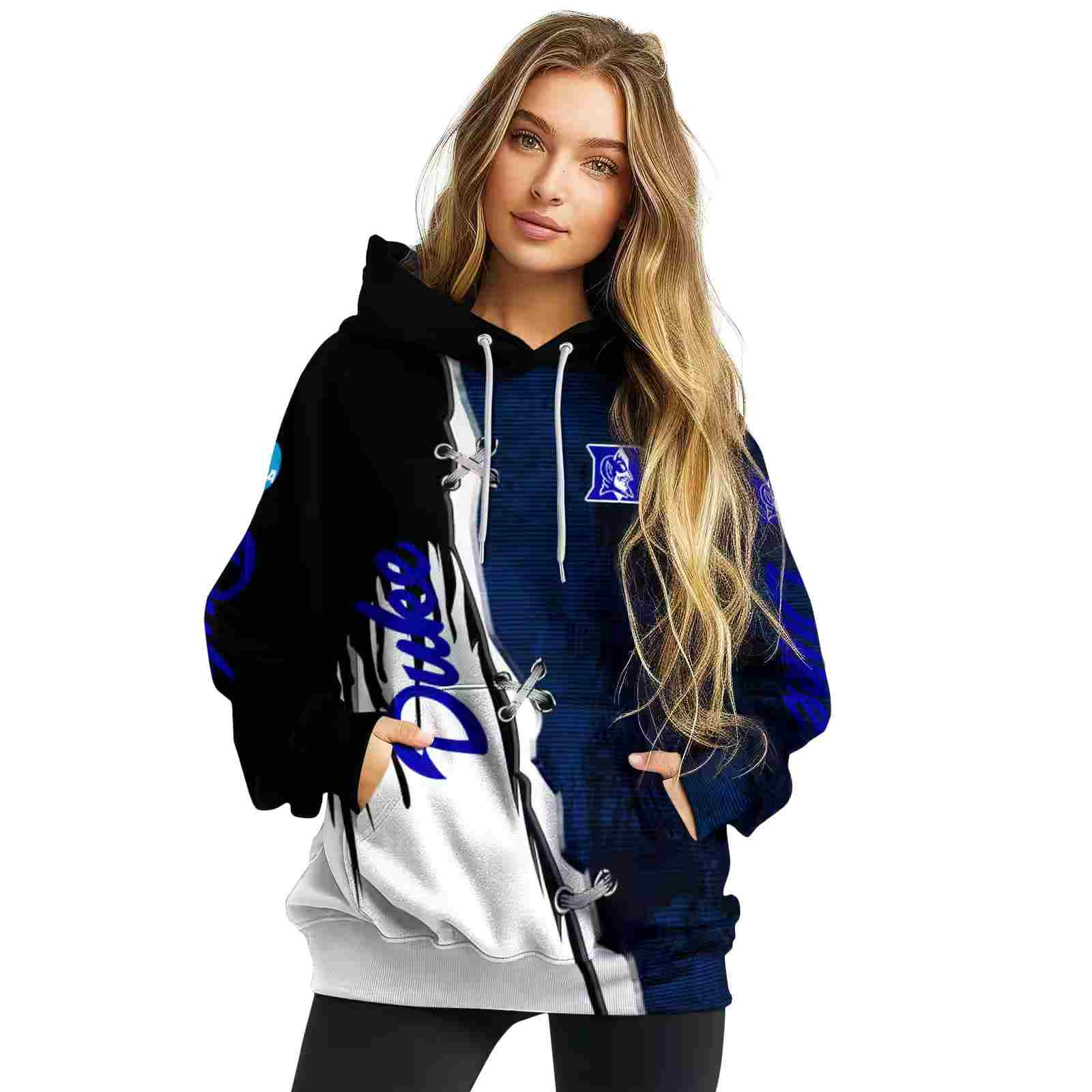 duke blue devils ripped pattern blue black white hoodie high quality