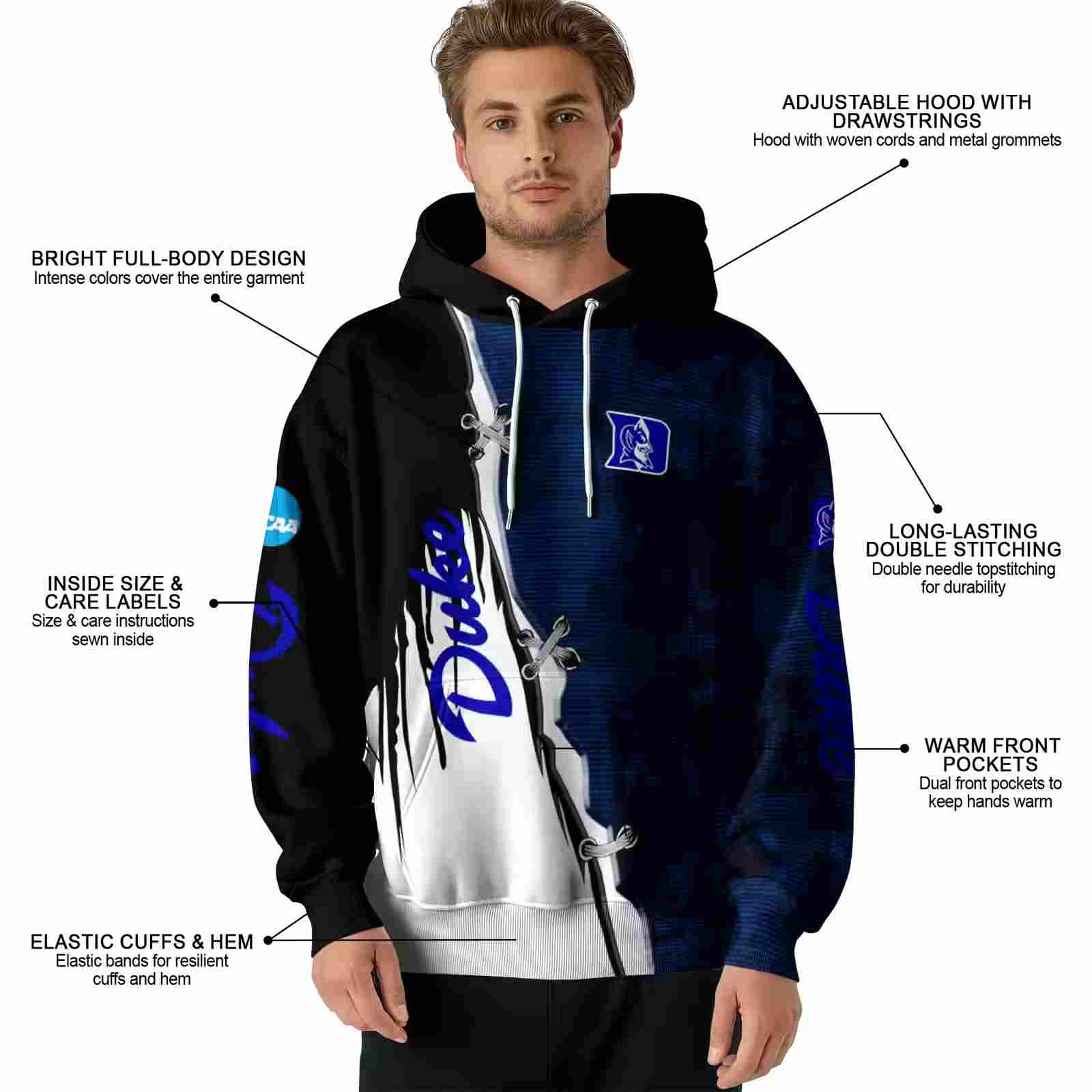 duke blue devils ripped pattern blue black white hoodie latest model