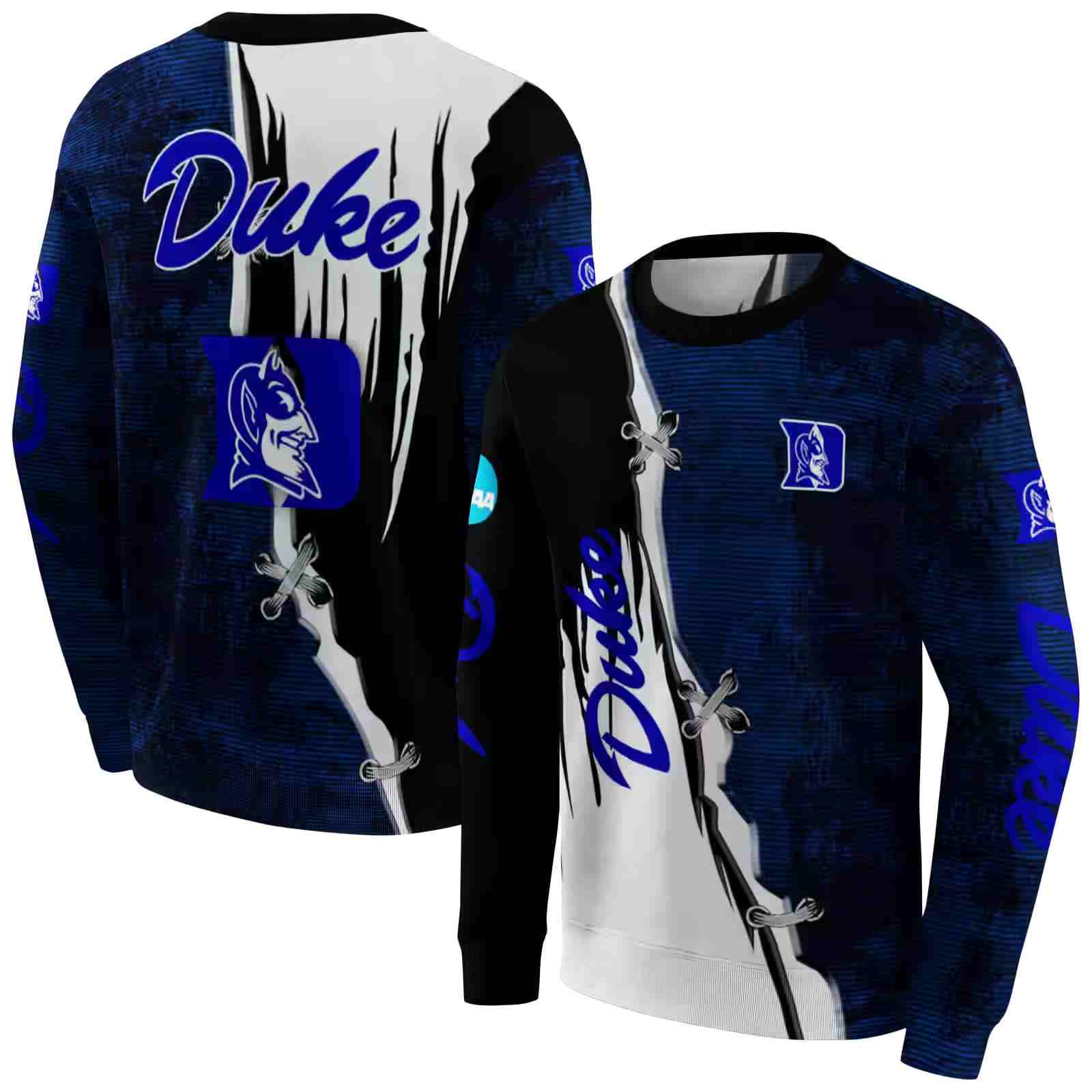 duke blue devils ripped pattern blue black white hoodie premium grade