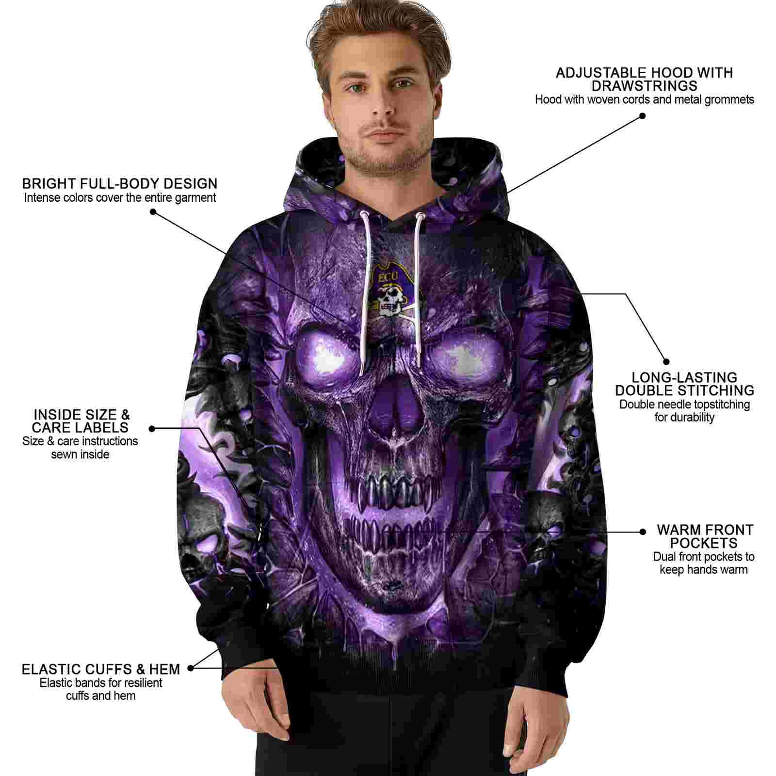 east carolina pirates demonic skull purple black hoodie latest model