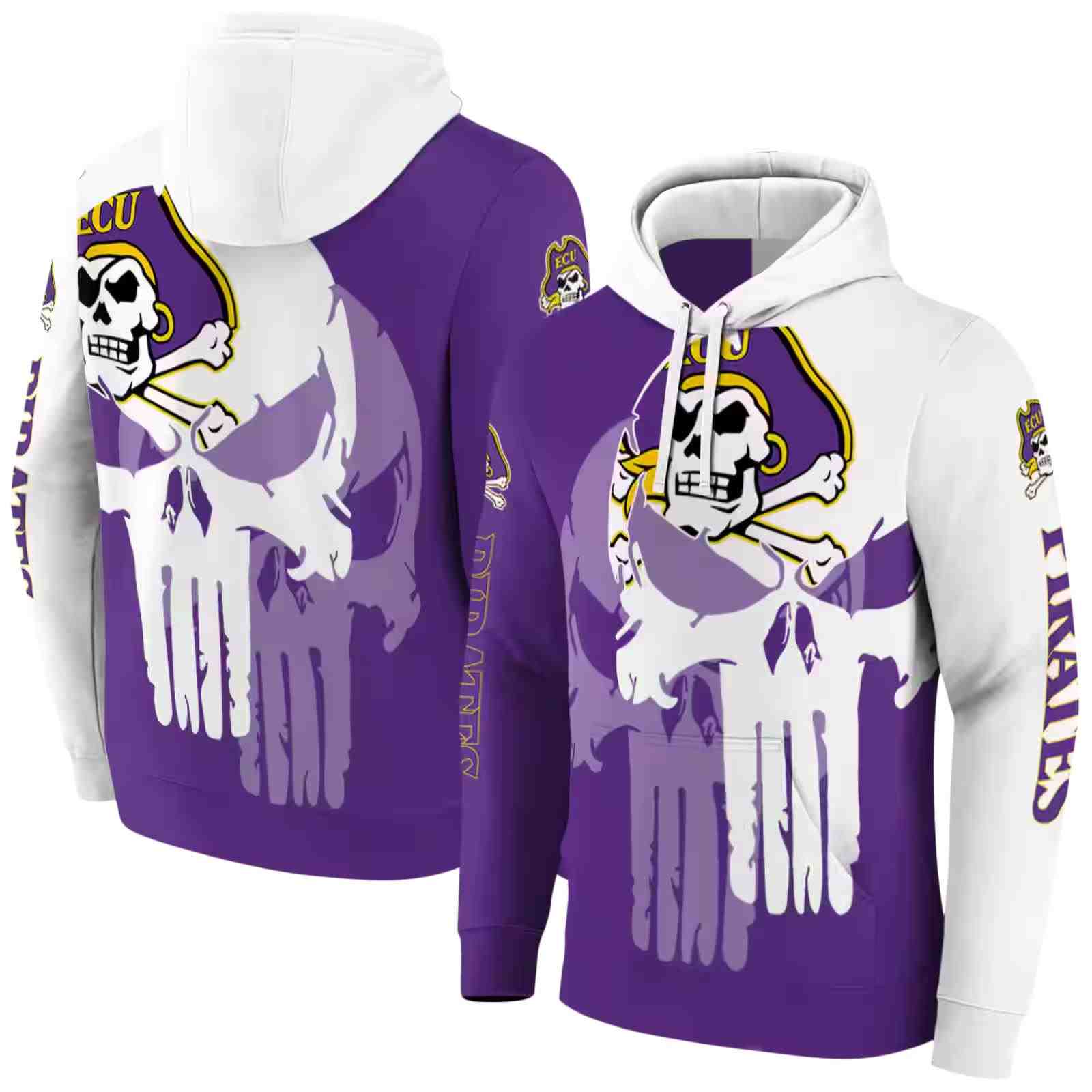 east carolina pirates graphic punisher purple white hoodie fashion forward