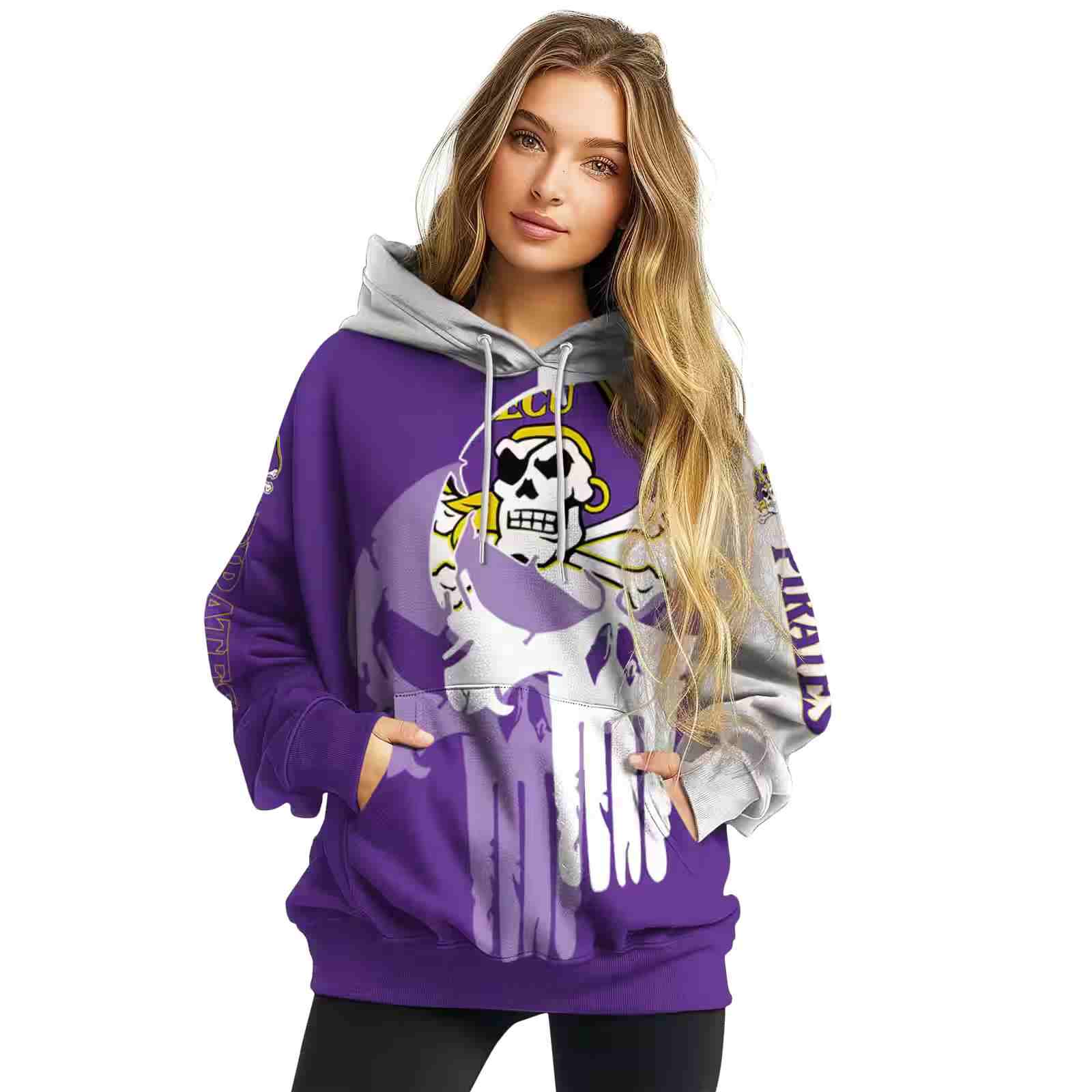 east carolina pirates graphic punisher purple white hoodie high quality