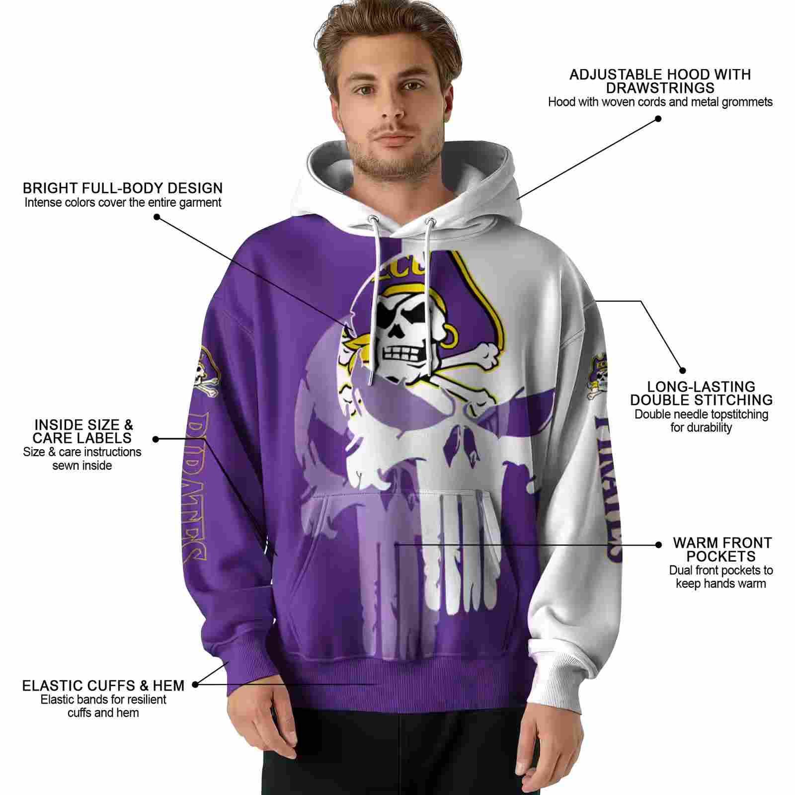 east carolina pirates graphic punisher purple white hoodie latest model