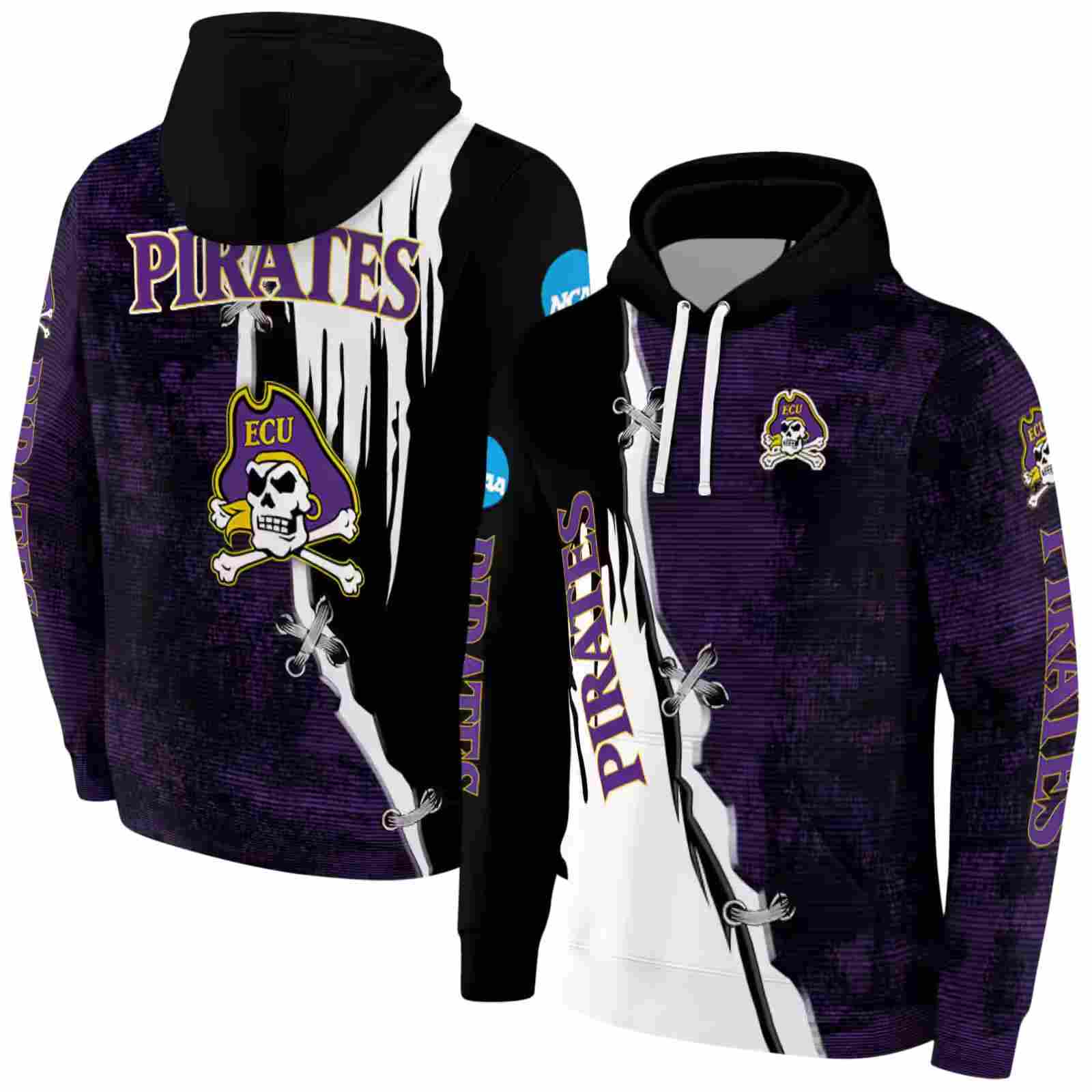 east carolina pirates ripped pattern purple black white hoodie fashion forward