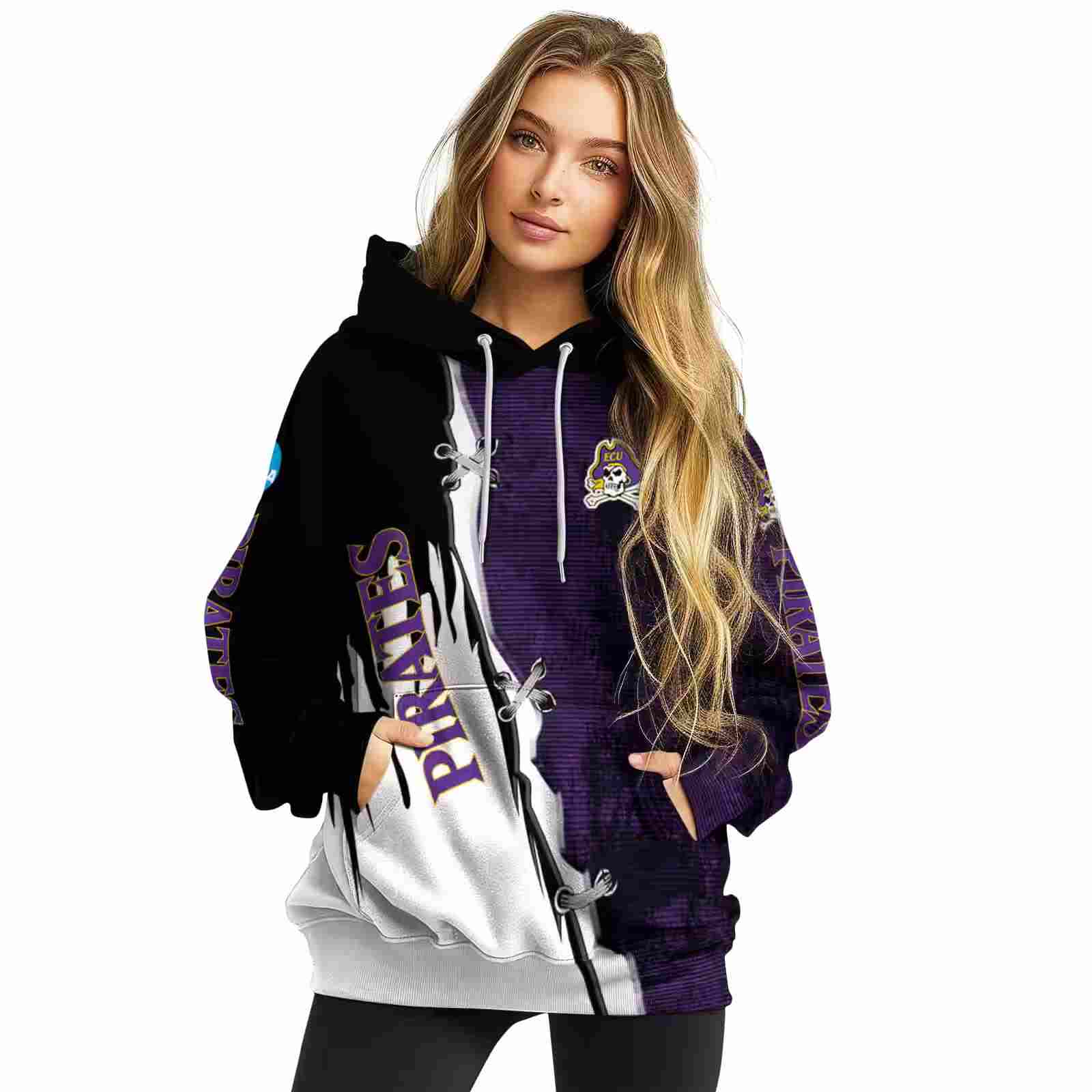 east carolina pirates ripped pattern purple black white hoodie high quality