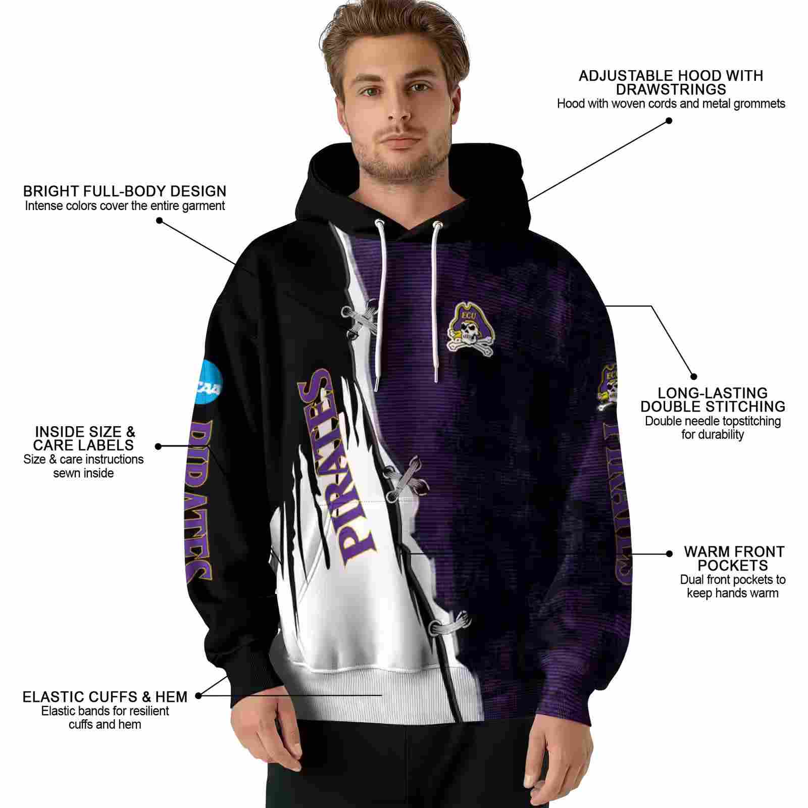 east carolina pirates ripped pattern purple black white hoodie latest model