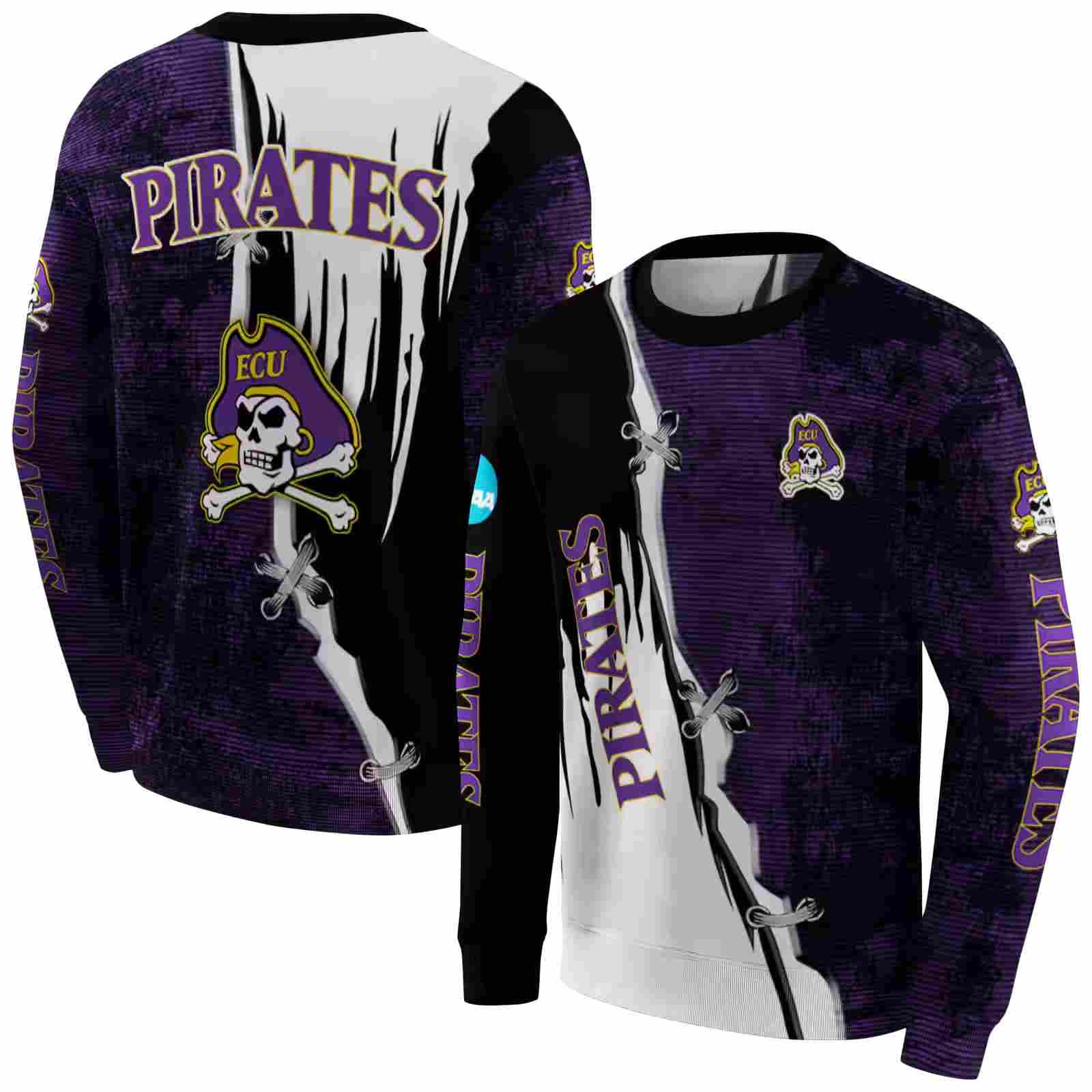 east carolina pirates ripped pattern purple black white hoodie premium grade