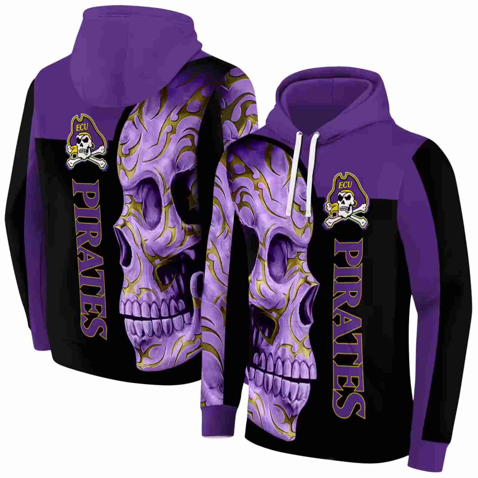 east carolina pirates skull motif purple black hoodie fashion forward