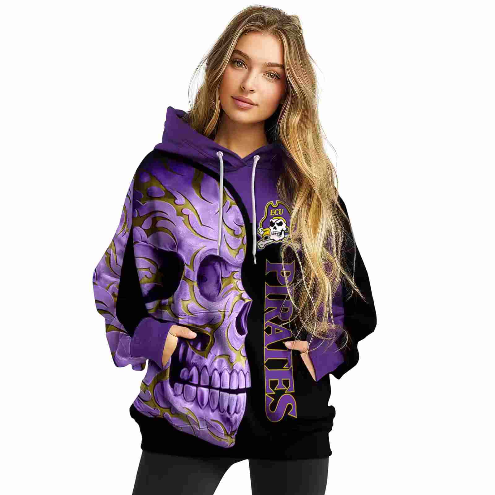 east carolina pirates skull motif purple black hoodie high quality