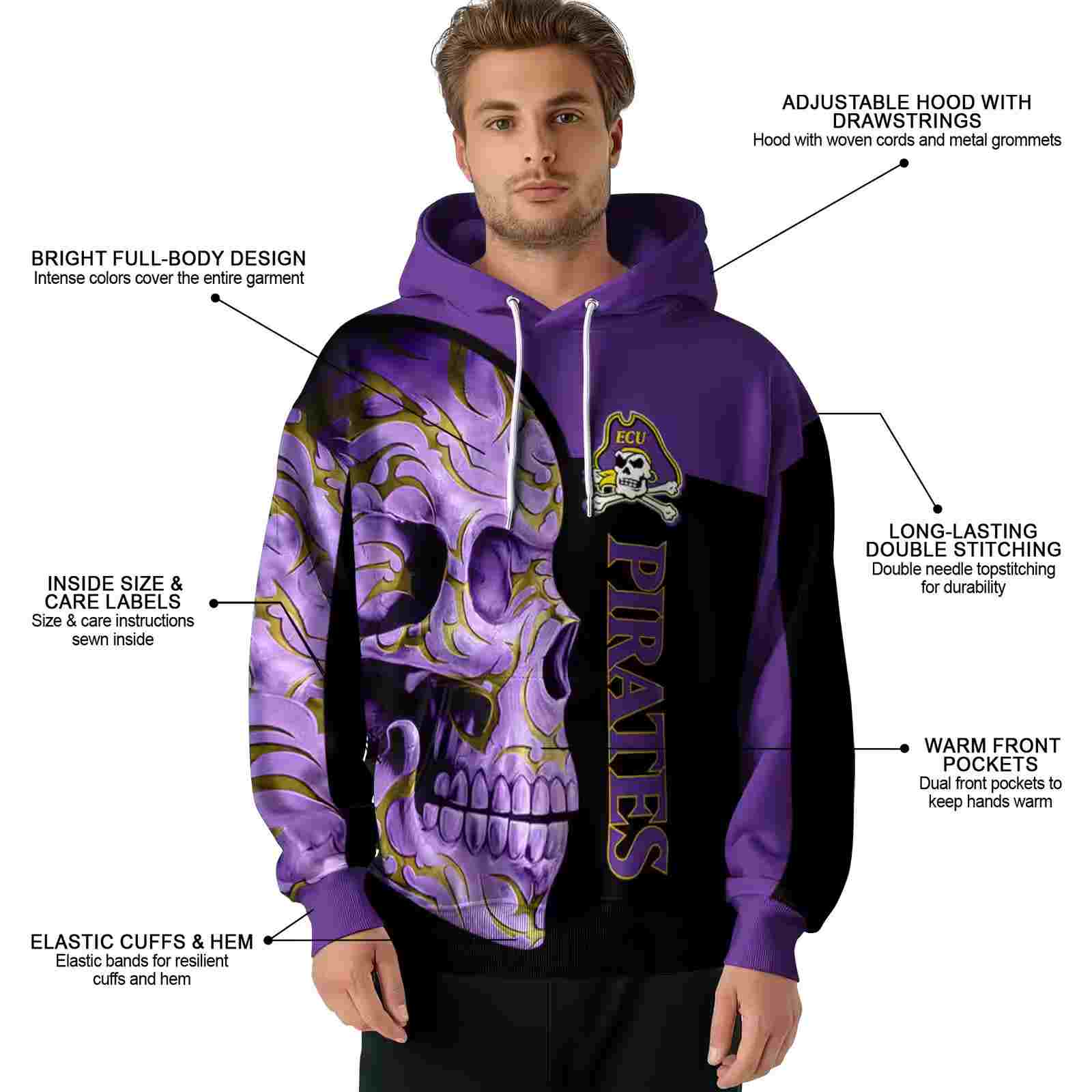 east carolina pirates skull motif purple black hoodie latest model