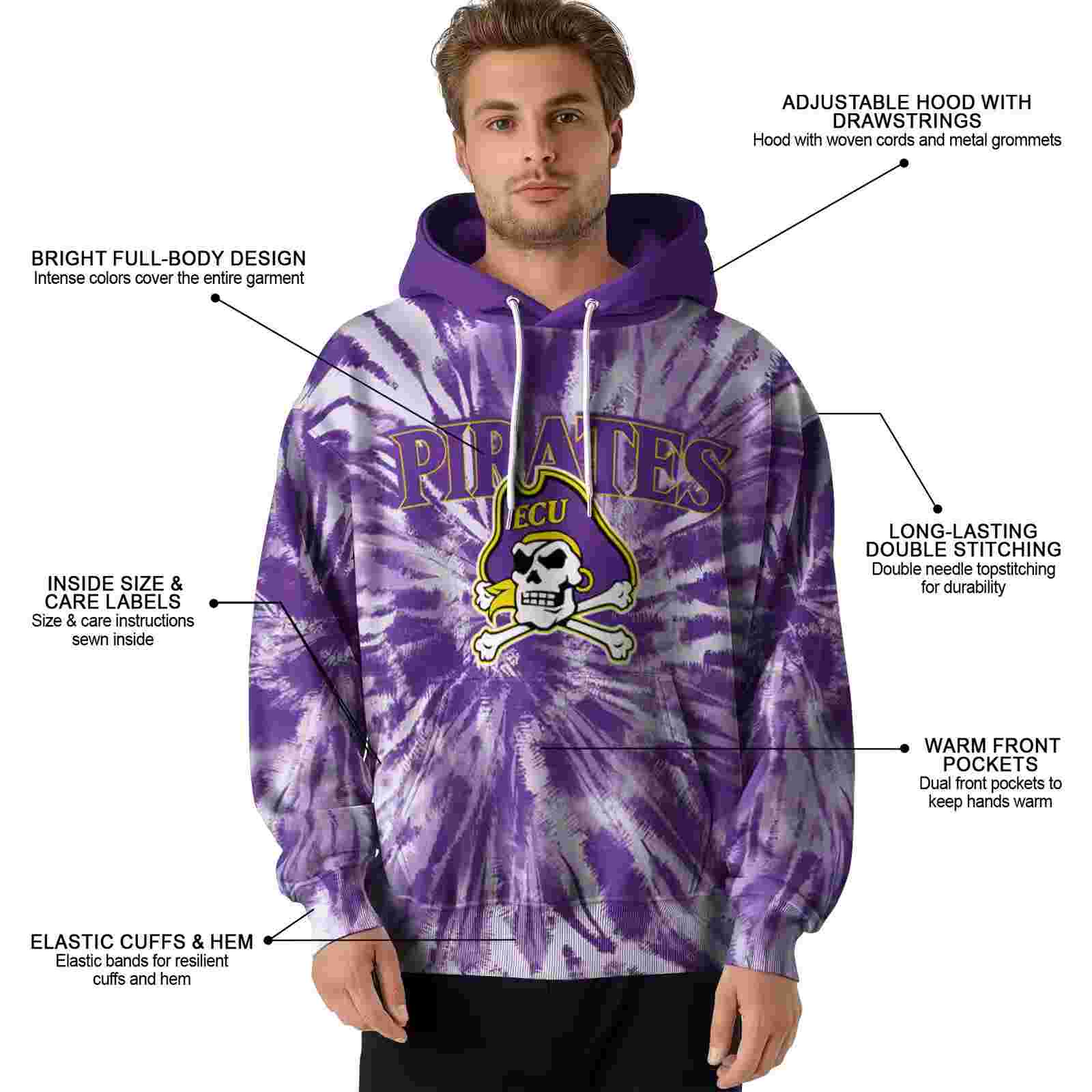 east carolina pirates tie dye pattern purple hoodie latest model