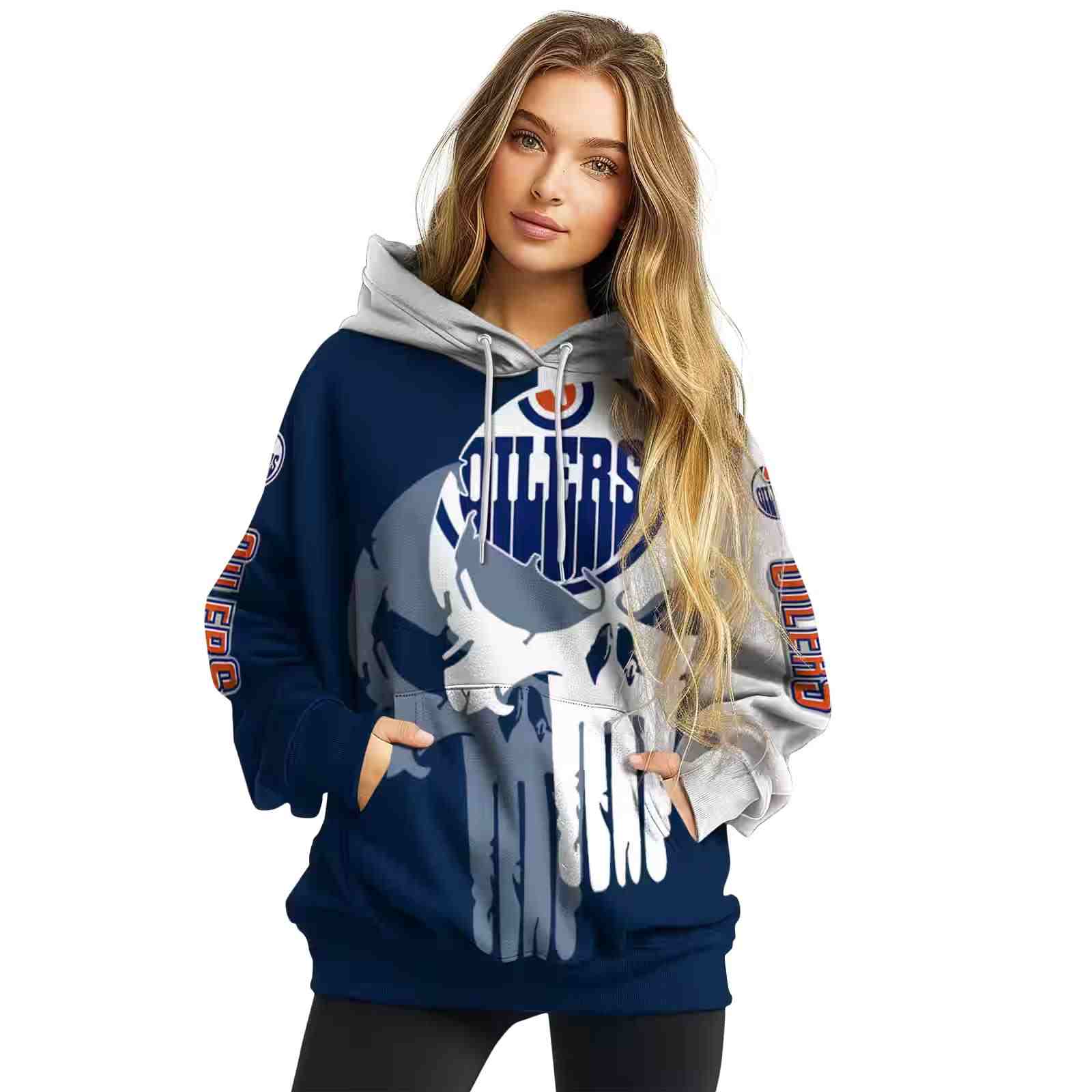 edmonton oilers graphic punisher blue white hoodie high quality